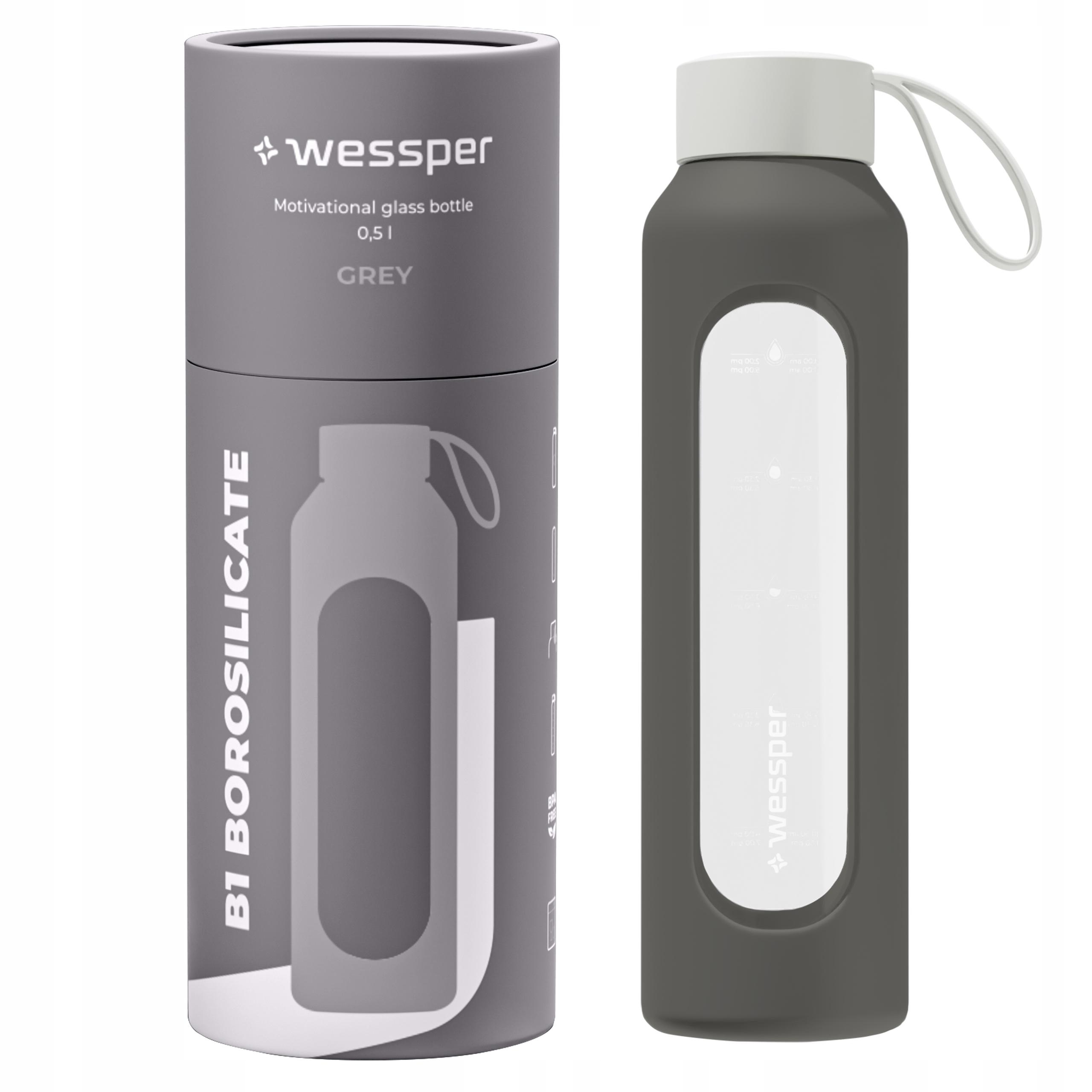 Motywacyjna szklana butelka na wodę 0,5 l Wessper B1 Borosilicate Grey