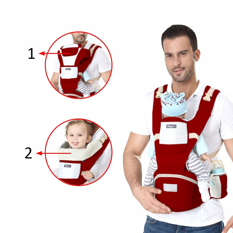 NOSIDEŁKO WIELOFUNKCYJNE 12W1 NOSIDŁO BIODROWE ERGONOMICZNE 20 KG PRZÓD TYŁ Kolor Odcienie czerwieni