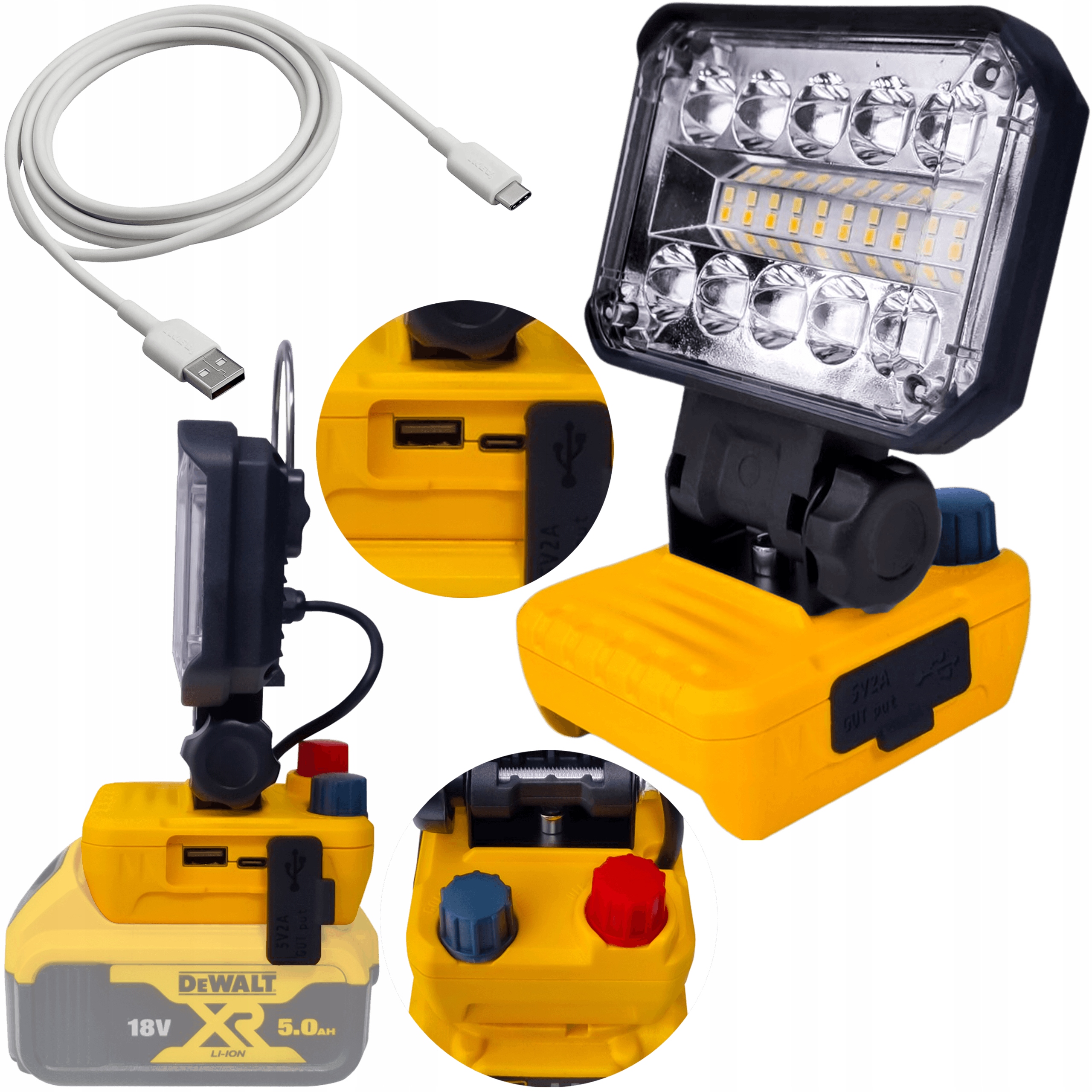 Led Pracovní Lampa 20W S Usb Držákem Pro Dewalt 18V, Regulace Barvy A Výkonu