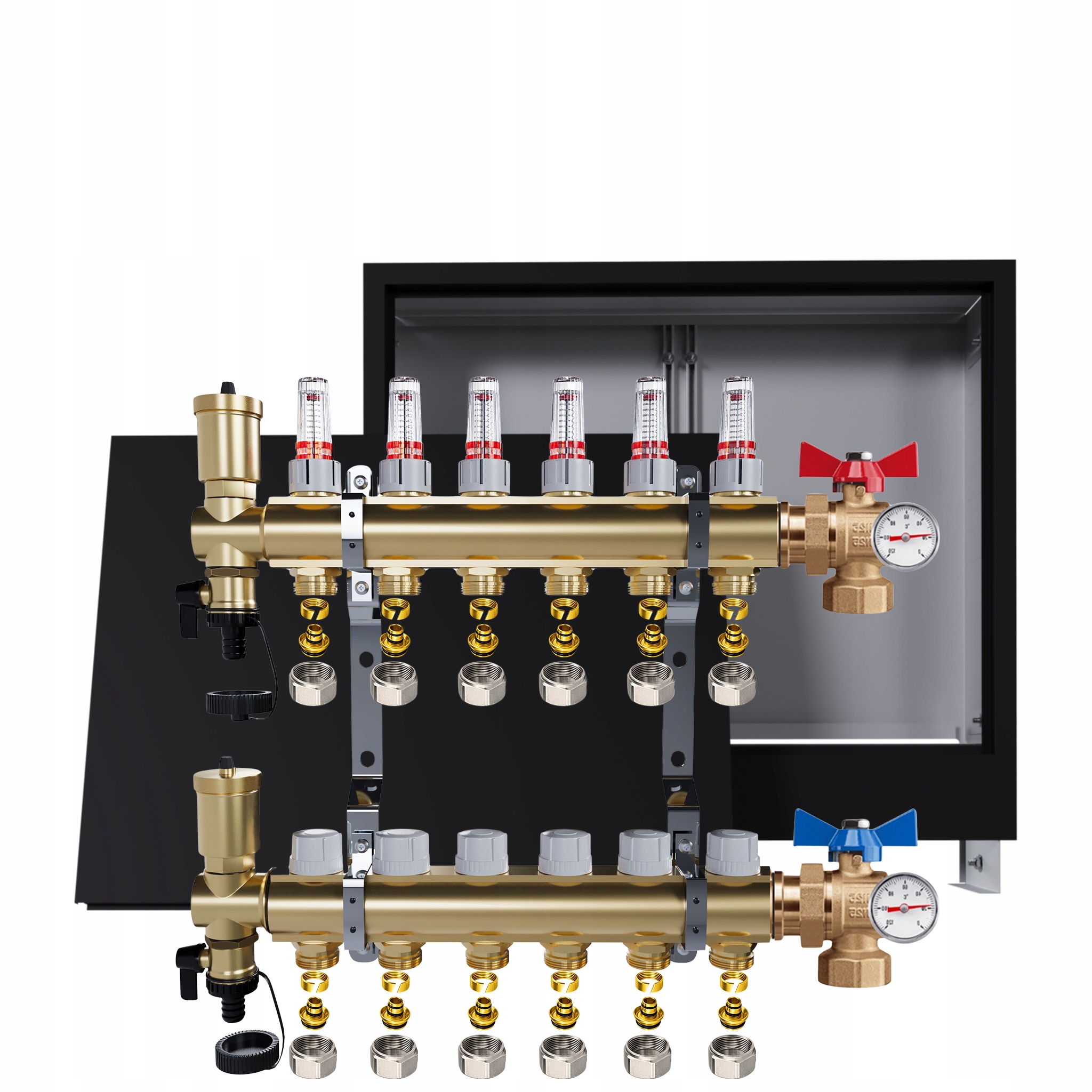 Rozdělovač podlahy 6 okruhů úhlové ventily teploměry krabička Pex