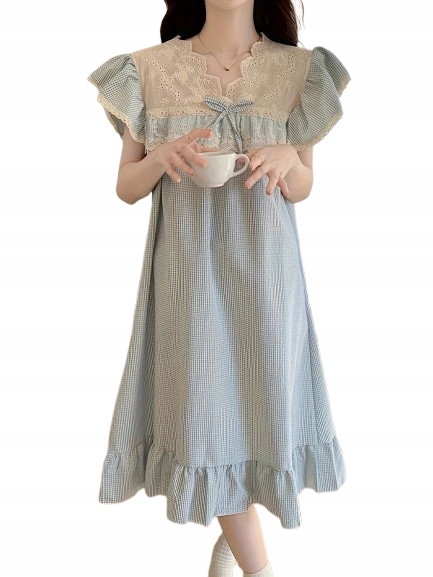 Romantická Košile Noční, Modrá Retro Mřížka, Dívčí Styl Kawaii M