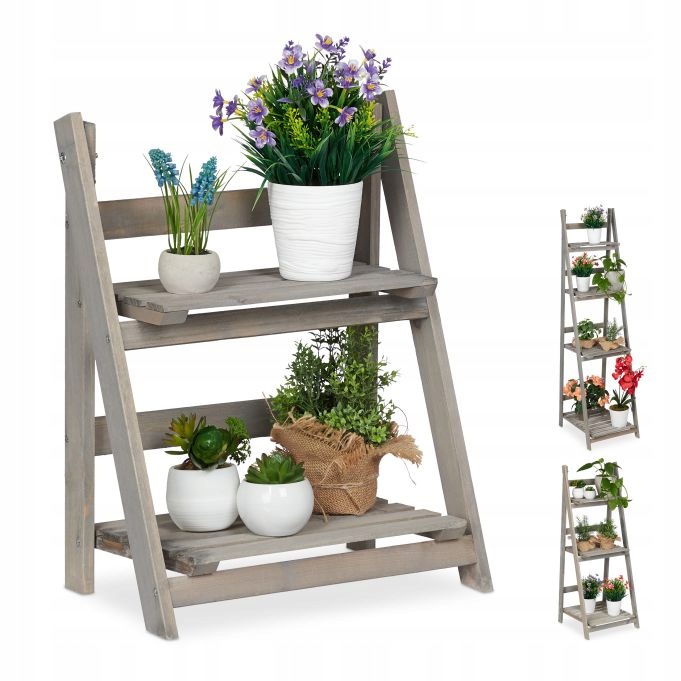 Relaxdays Držák Na Květináč dřevěný skládací šedý patrový Velikost M L XL na balkon
