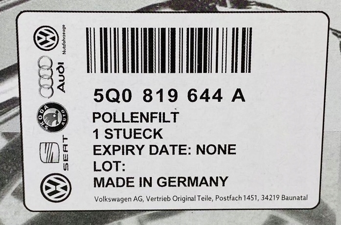 5Q0819644A ORYGINAŁ VAG FILTR KABINOWY CU26009 Producent części Volkswagen OE