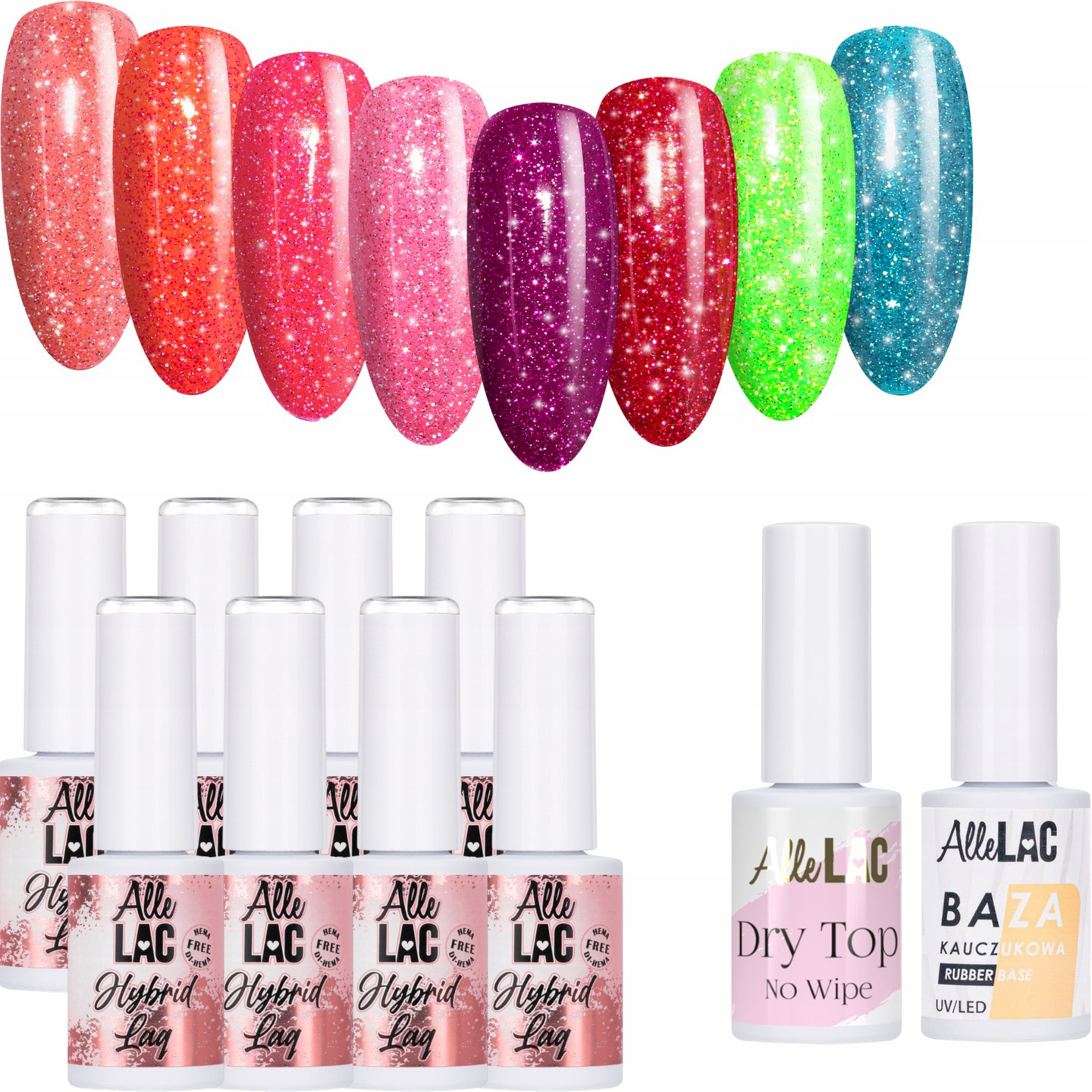 8x Hybridní lak Allelac 6 g Flash Glitter Báze Top Set