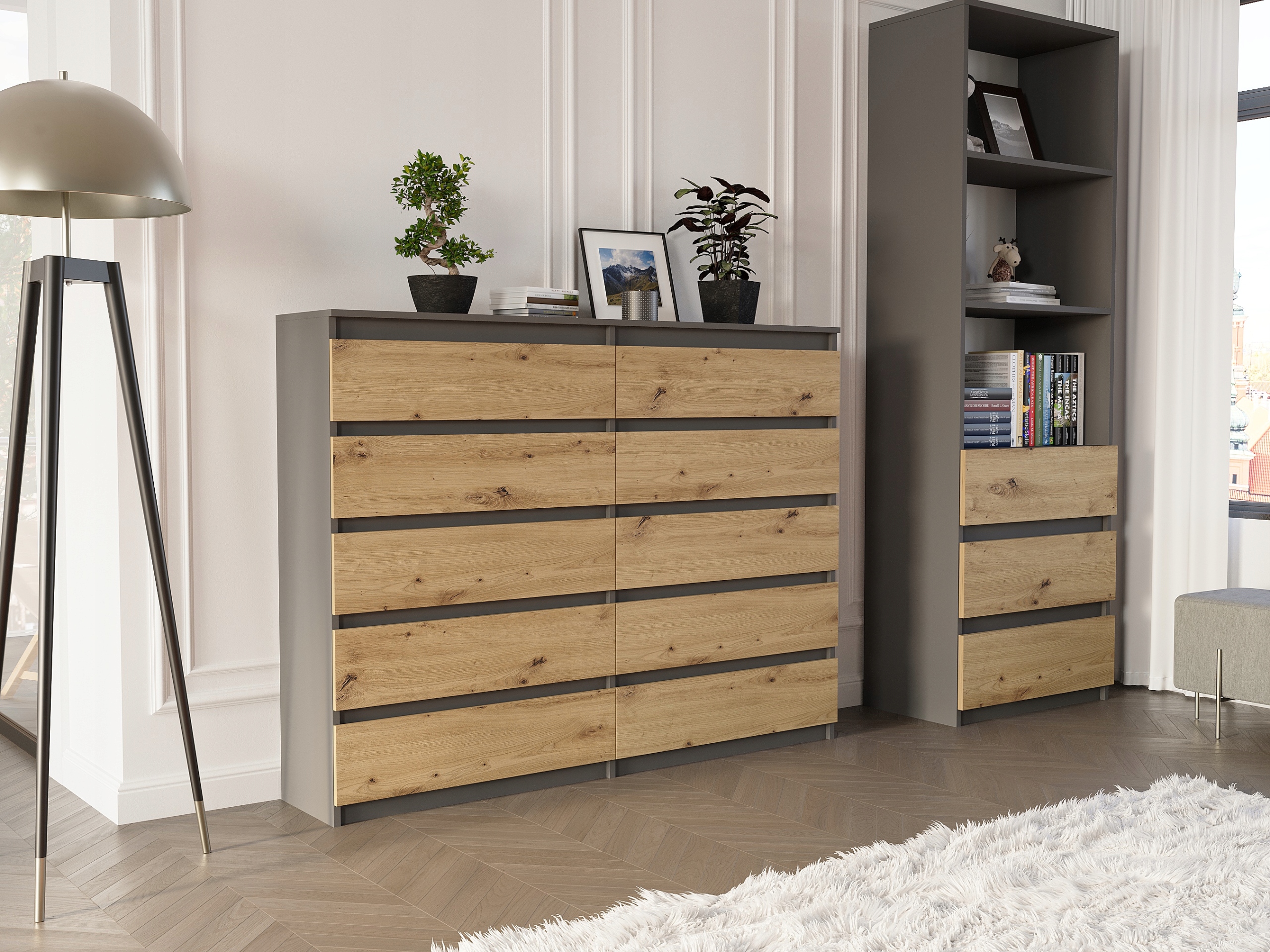 Nowoczesna KOMODA 160 SZAFKA 10 SZUFLAD R-160-S10 ANTRACYT MIX ARTISAN