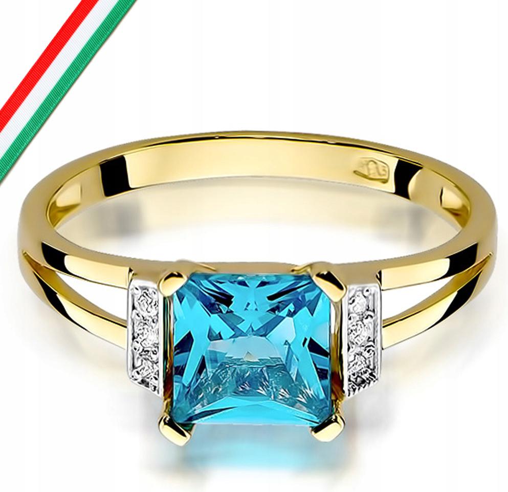 Zlatý prstýnek 585 modrý topaz s diamanty, módní vzor pro ni 14k
