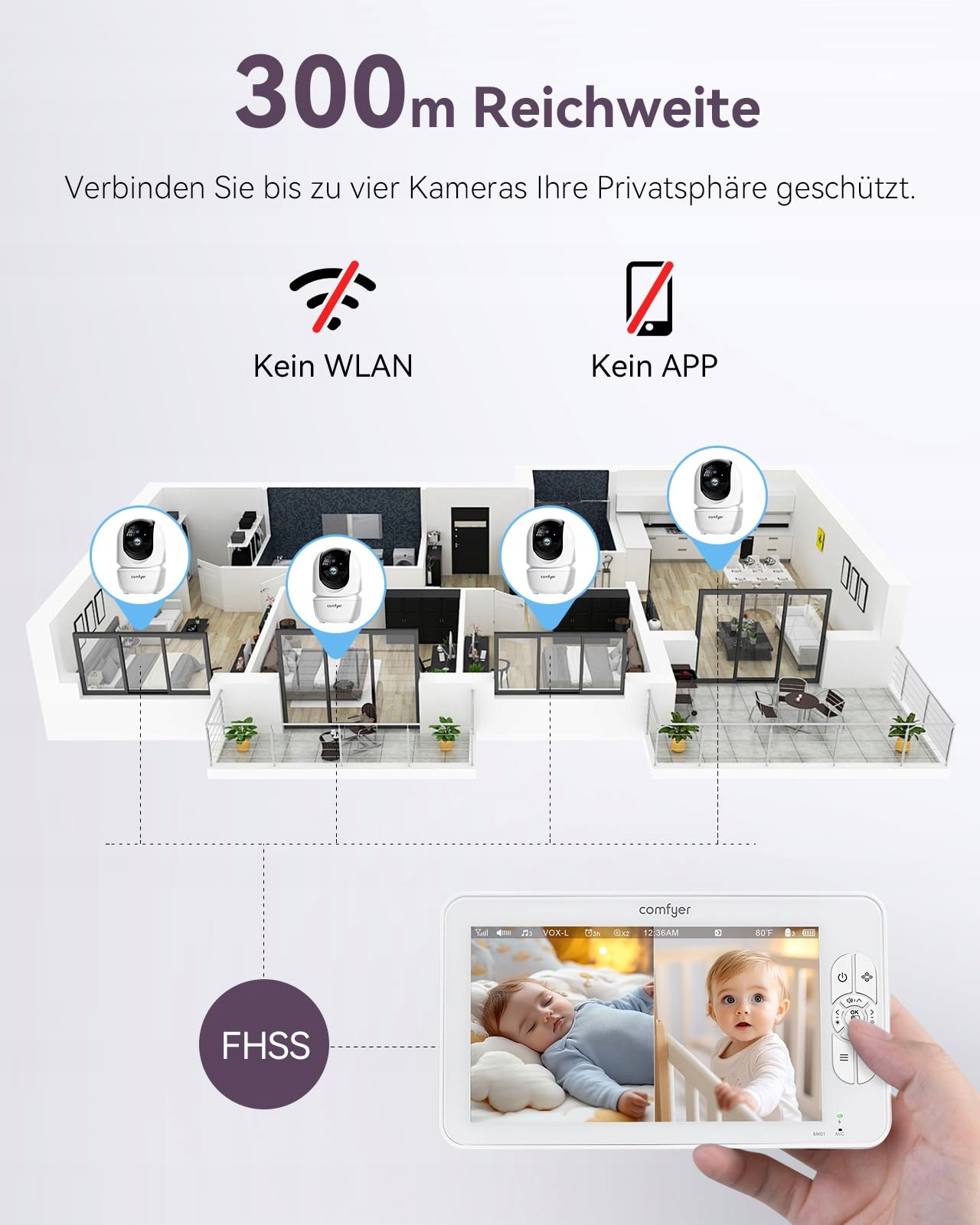 COMFYER Niania Elektroniczna 7" HD 720P 2 Kamery IR Nocny Tryb Vox Audio — miniatura 5