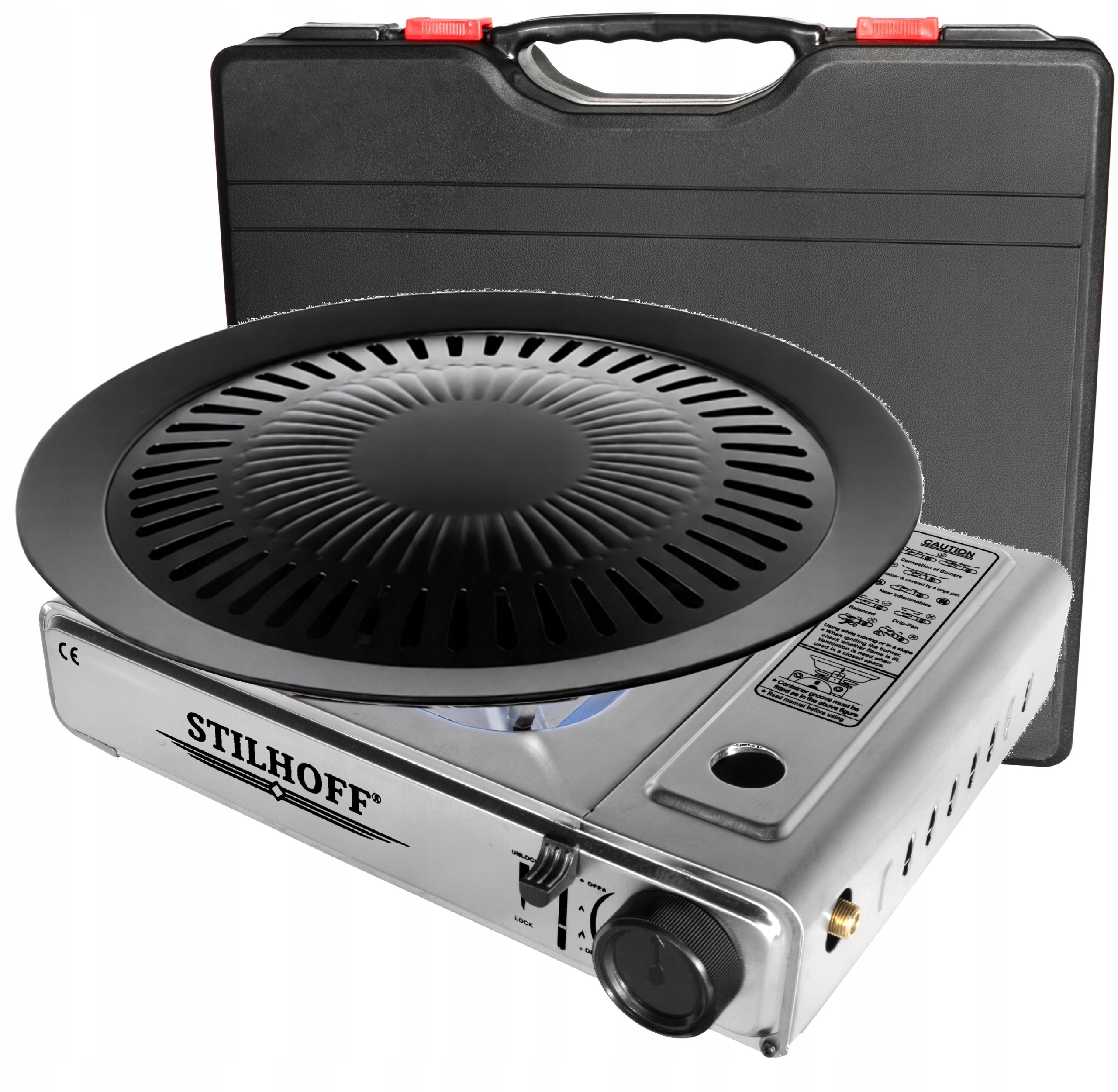 Turistický plynový vařič Stilhoff na kartuši, kufr, grilovací deska