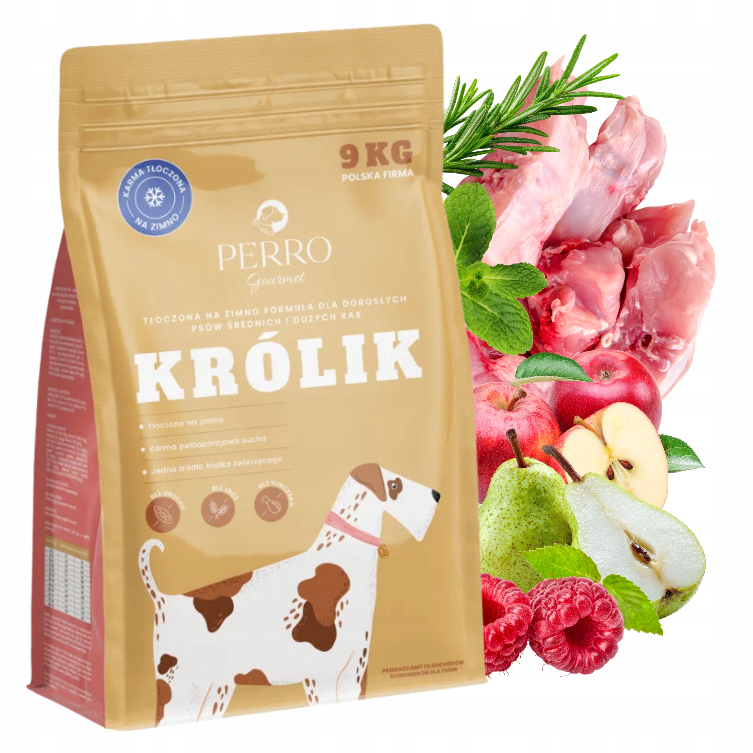 Sucha karma dla psa tłoczona na zimno Perro Gourmet Królik M/L 9 kg