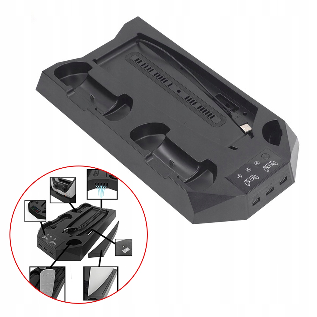 Stacja Ładująca Do PS5 Podstawka Ładowarka Z Wentylatorem Usb Czarna
