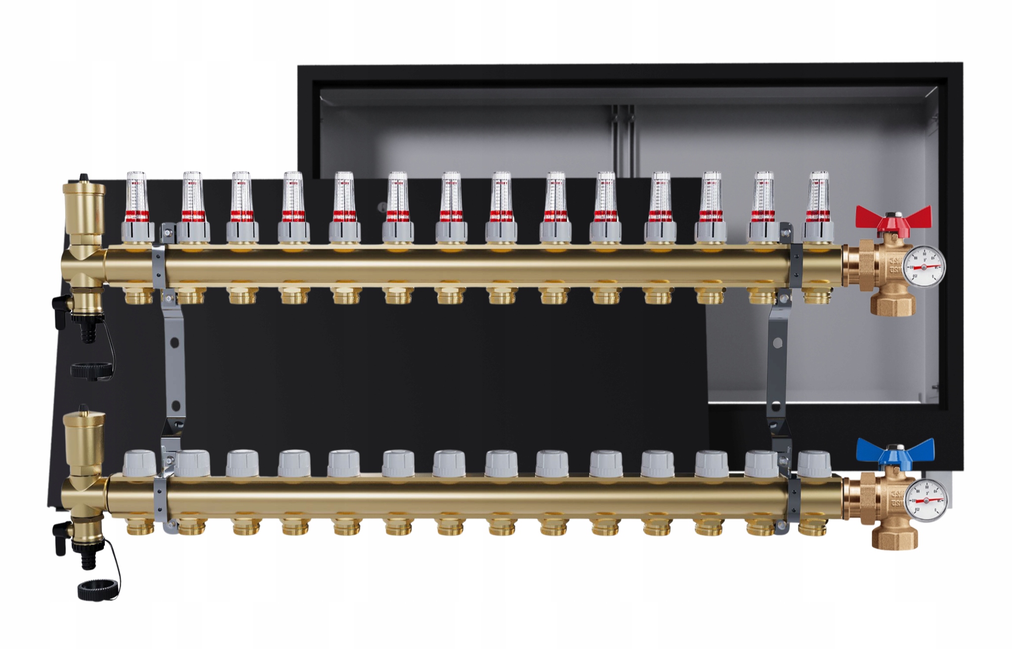 Rozdělovač Pro Podlahu 14 Okruhů S Podomítkovou Skříní, Černý Ventily