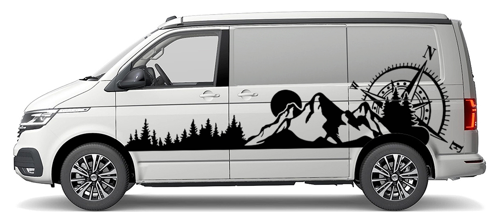 NAKLEJKA Grafika na kamper Przyczepę GÓRY KOMPAS RÓŻA WIATRÓW LAS 90x282 Producent MGDesign