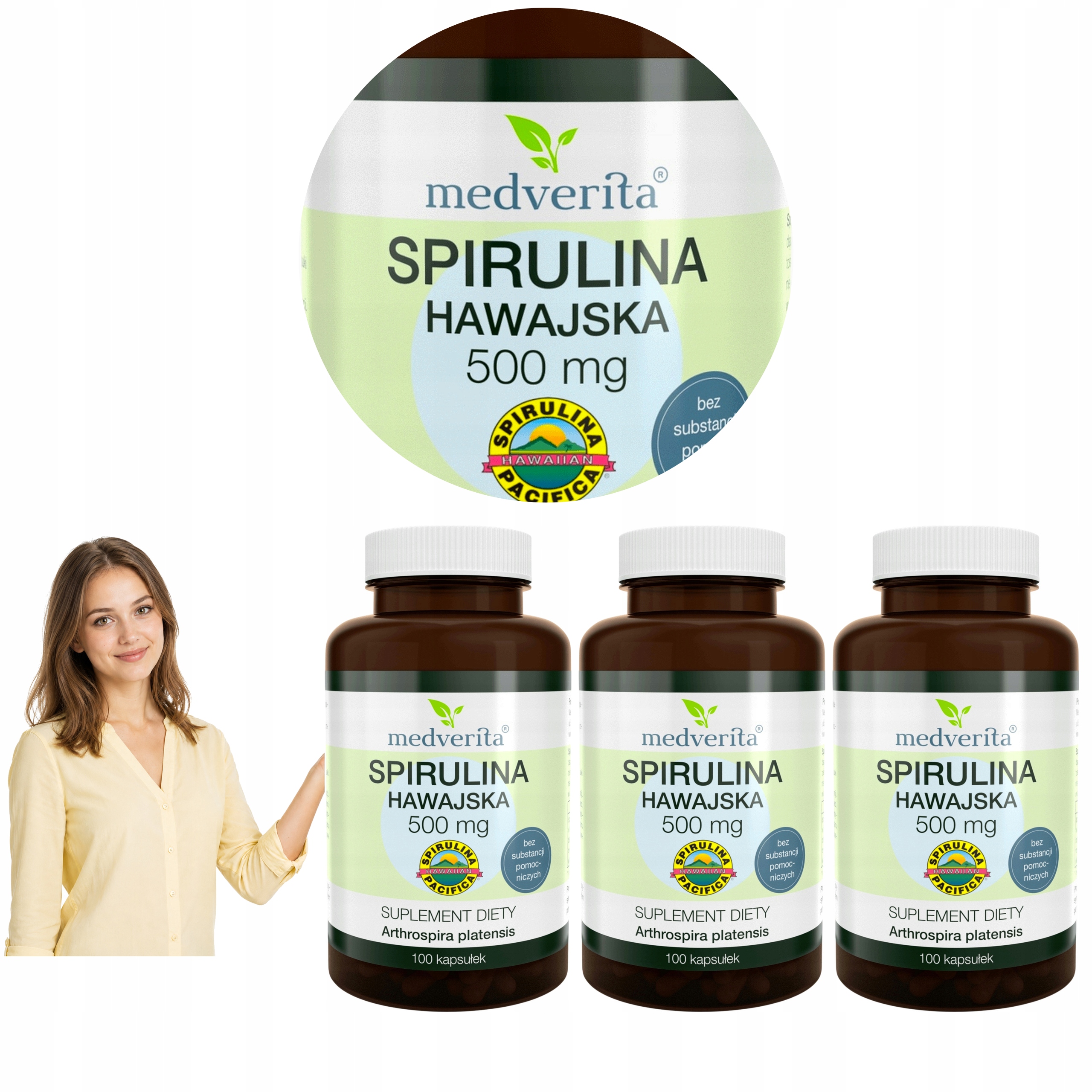3x Medverita Spirulina Hawajska Pacifica 500 mg Arthrospira Alga 100 kaps.