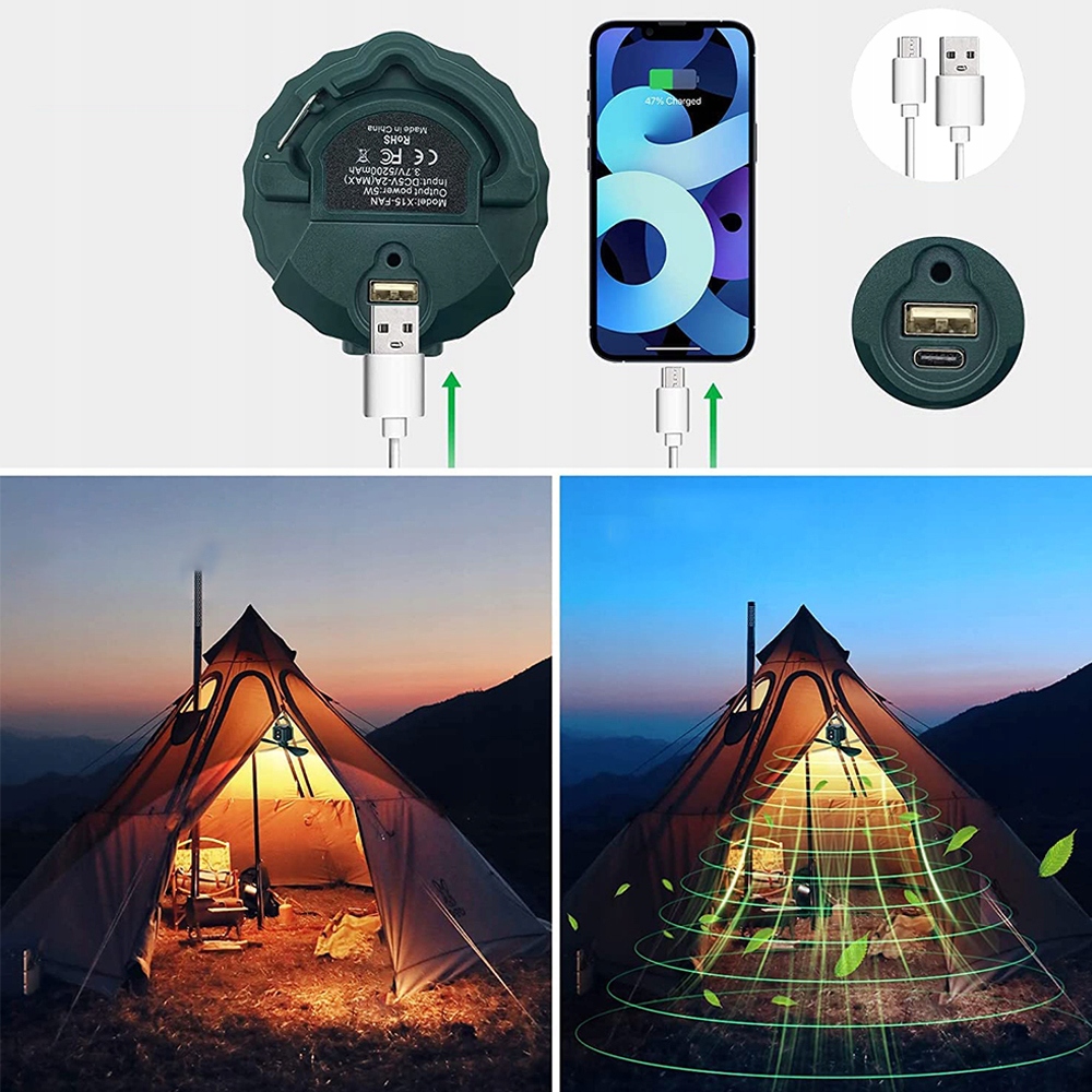WENTYLATOR NAMIOTOWY Z LAMPAMI LED 3PRĘDKOŚCI WENTYLATOR KEMPINGOWY USB Moc 1 W