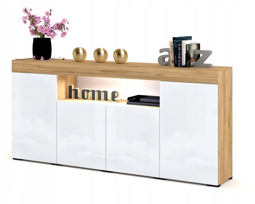 

Duża Biała Komoda Szafka 200 Dąb Craft Połysk Led
