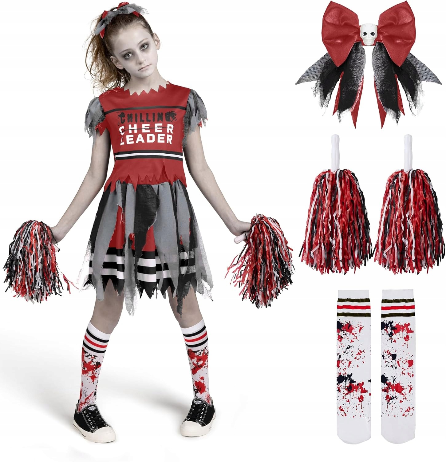Kostium cheerleaderki zombie dla dziewczynek czerwony XL 12-14 lat