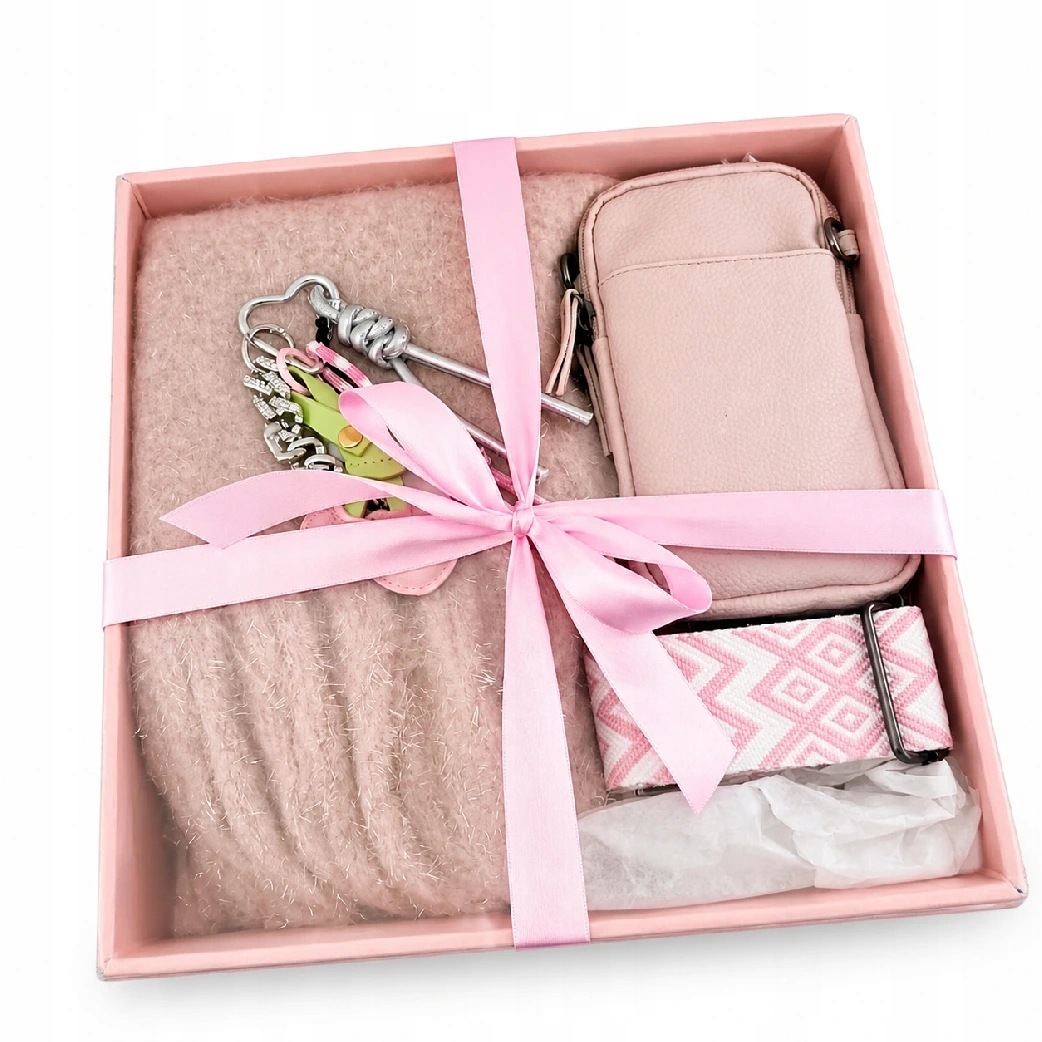 Dárková sada pro ženy crossbody kabelka, popruh, šála a přívěsek růžová