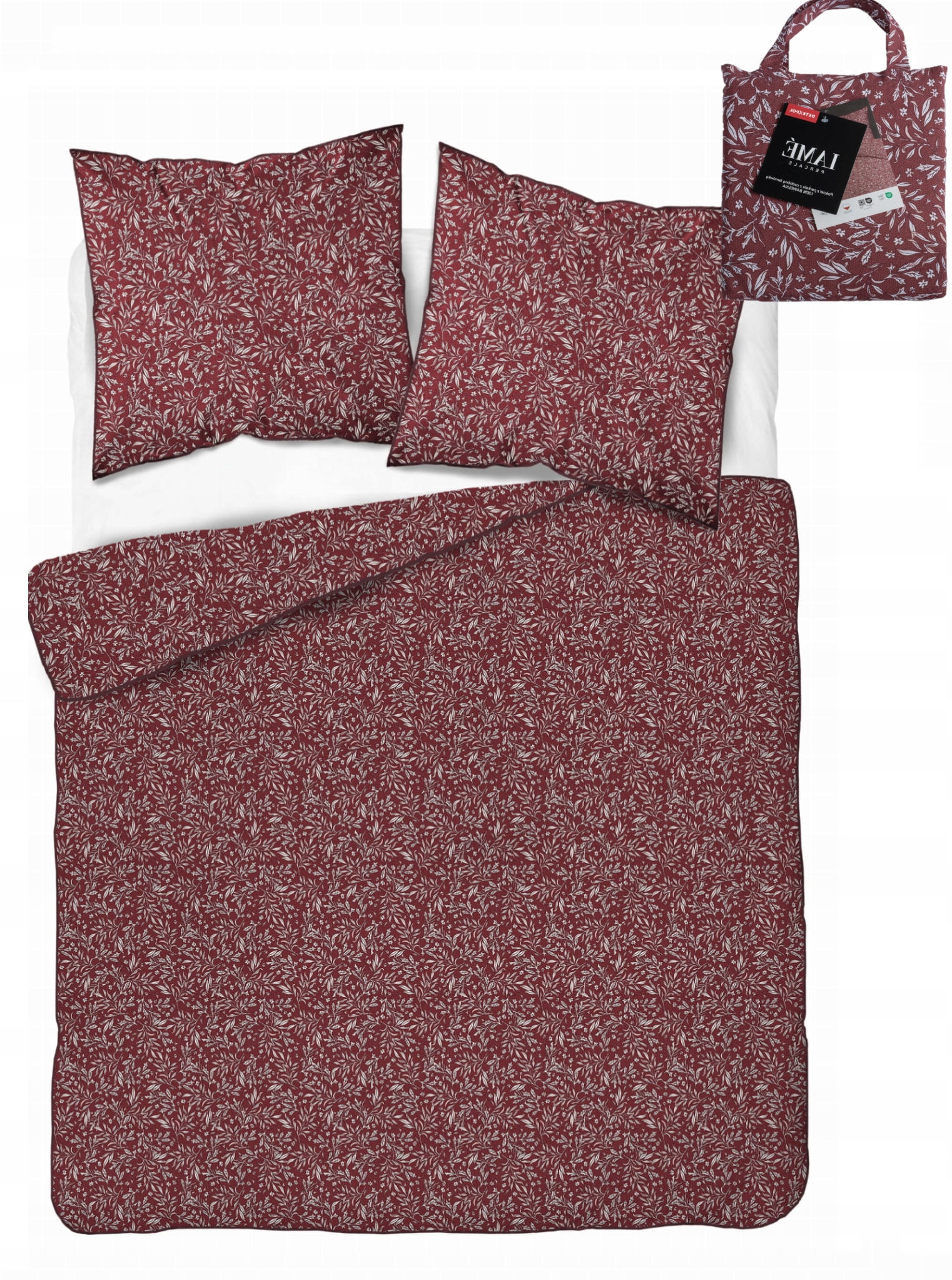 Povlečení z perkálu 220x200 bordo s ozdobným lemováním, vzor s lístky