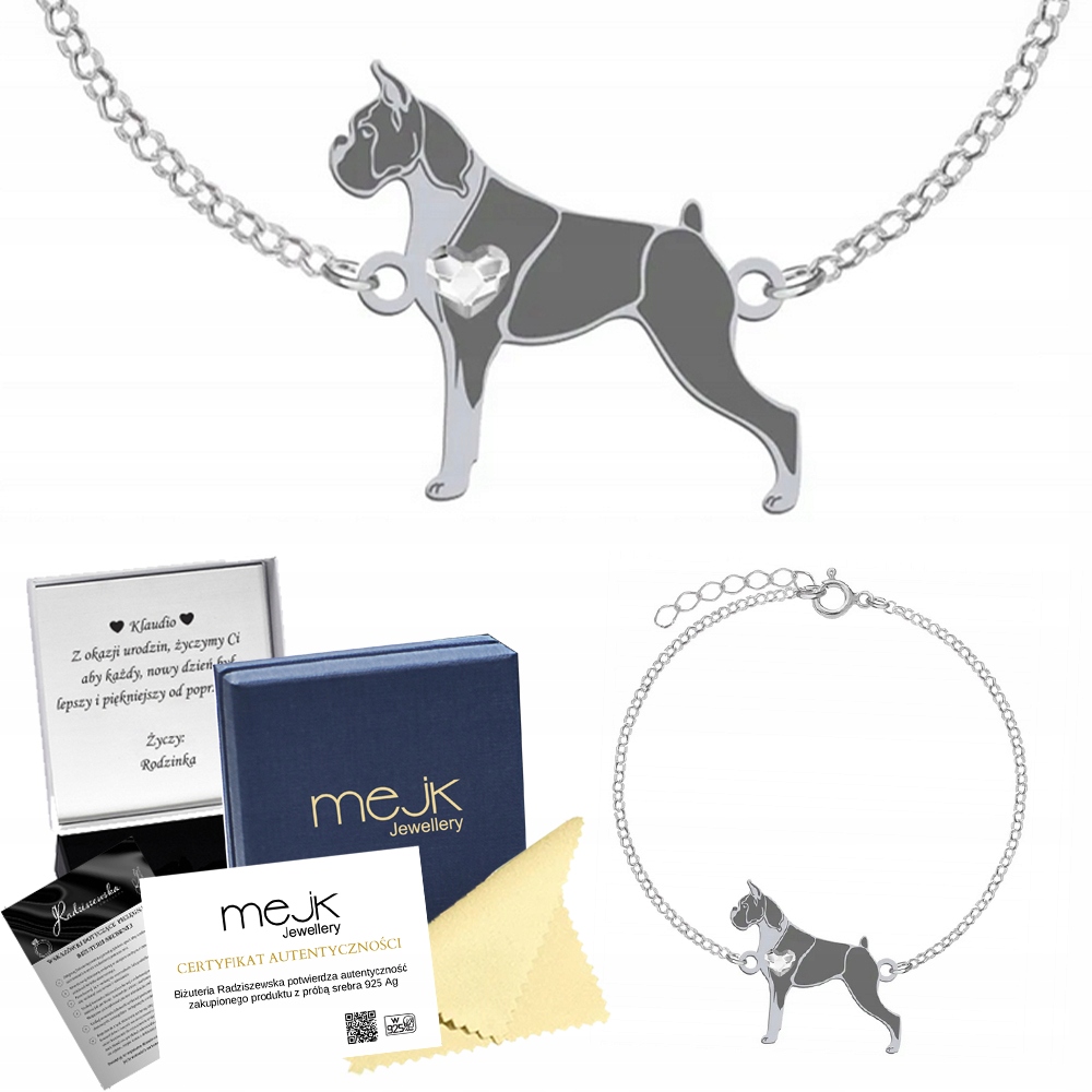 Stříbrný náramek s boxerským psem 925 Šperky Řetízek Gravírování Bonus