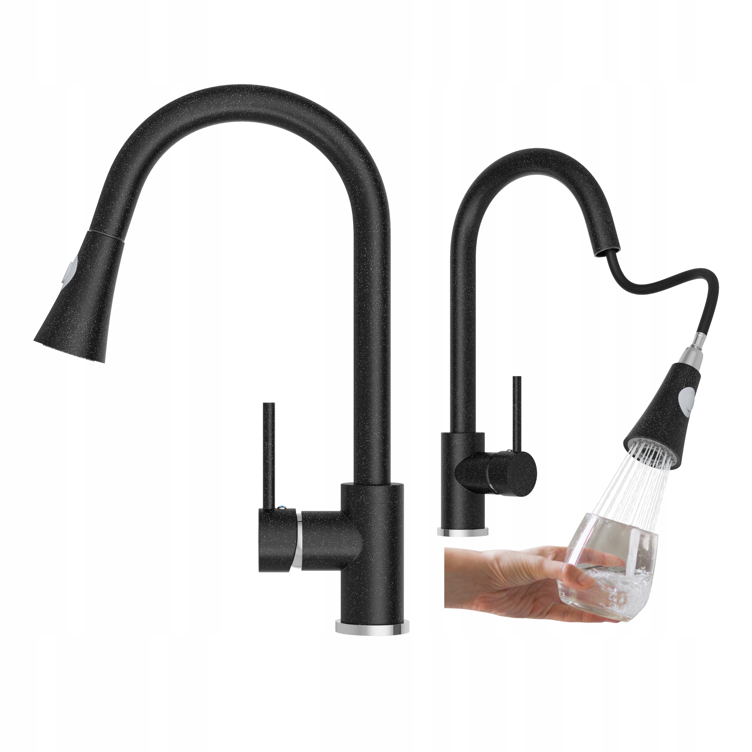Kuchynská batéria s výsuvným výtokom, škvrnitý kohútik do kuchyne, čierna, Snake