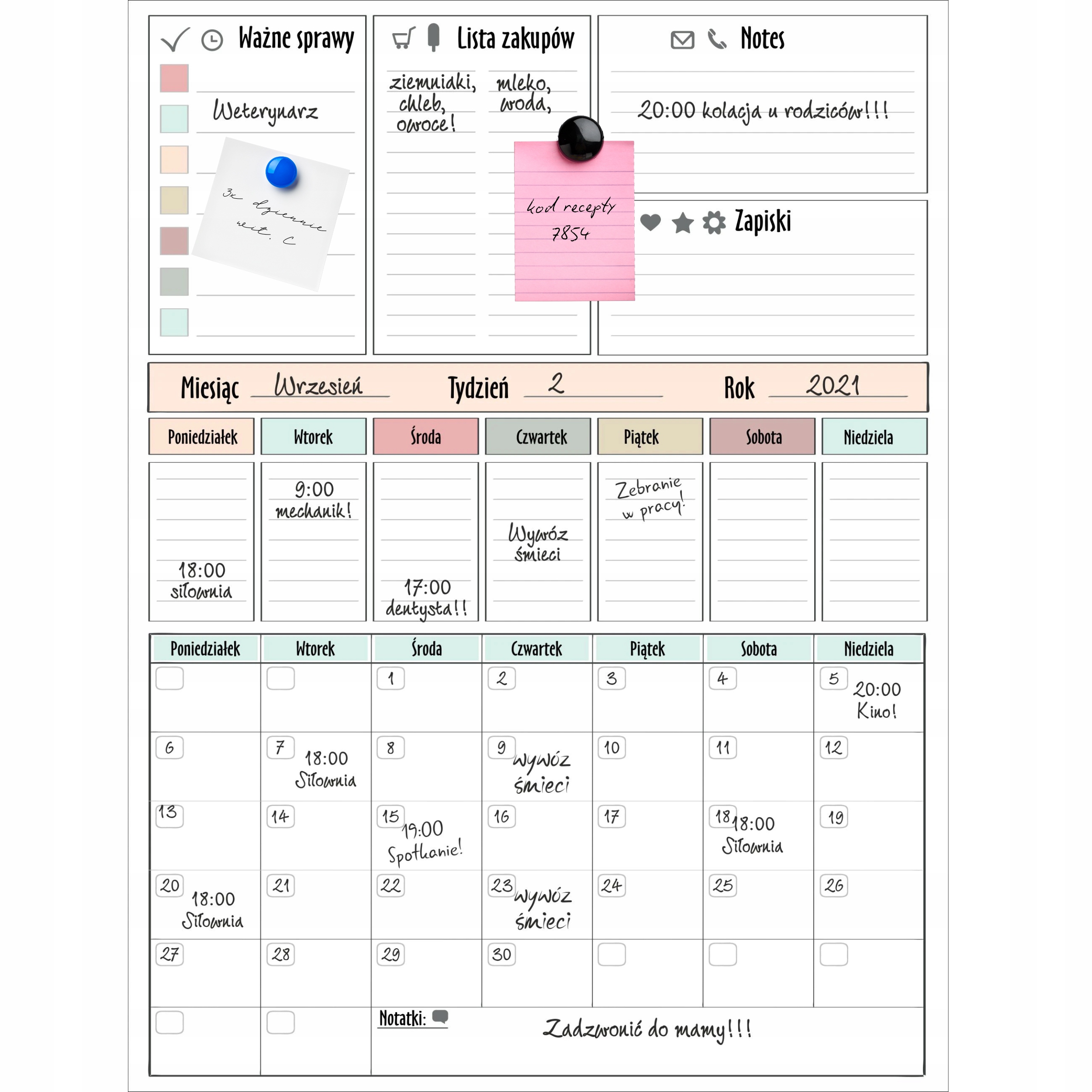 Samoprzylepny Planer Tablica magnetyczna suchościeralna Kalendarz na ścianę