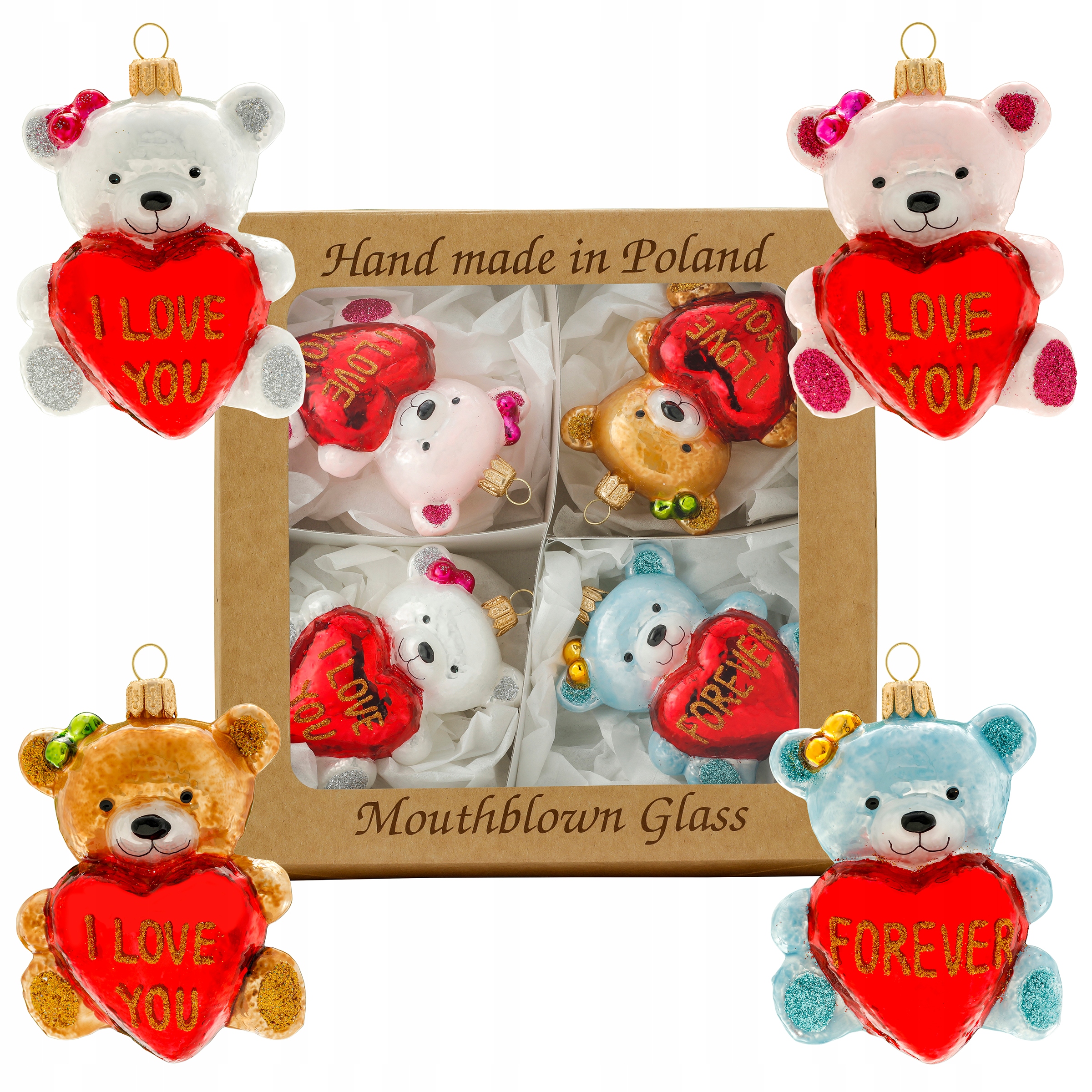 BOMBKI CHOINKOWE SZKLANE Miś z sercem 9,5cm