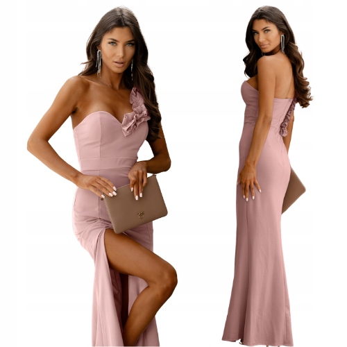 Maxi Sukienka Na Jedno Ramię Falbana Na Wesele Brudny Róż