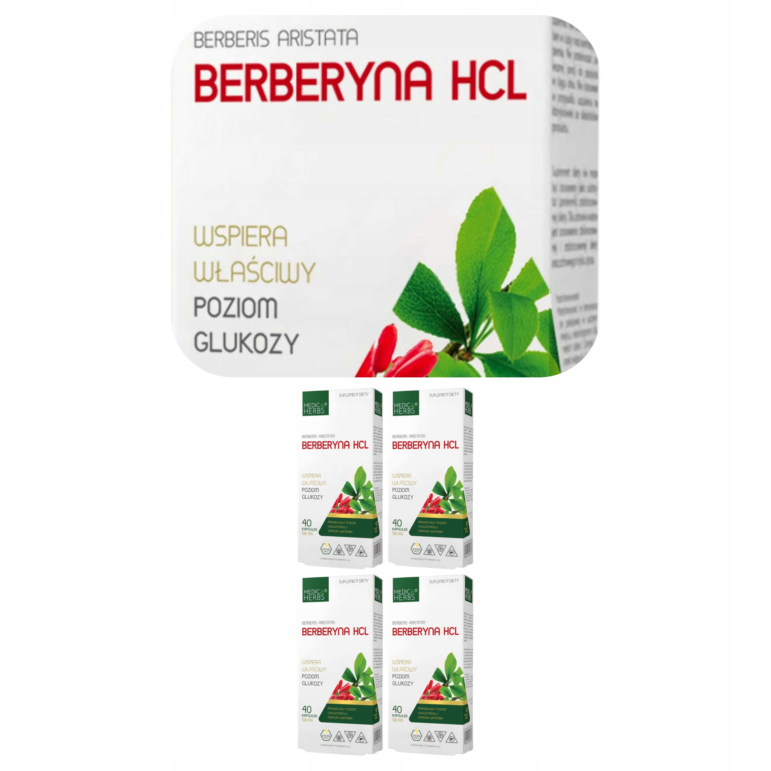 4x Berberyna Suplement Medica Herbs Hcl 97% Korzeń 40 kapsułek Bez Dodatków