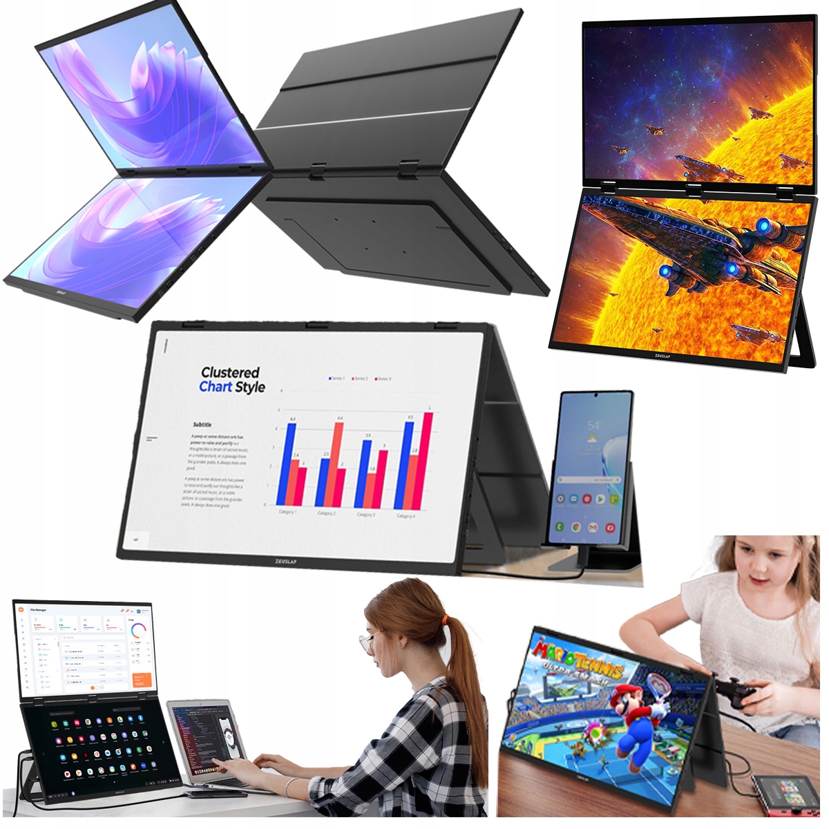 Dvojitý skládací monitor 2x 18,5" pro Laptop a Telefon Fhd Zeuslap Z18W