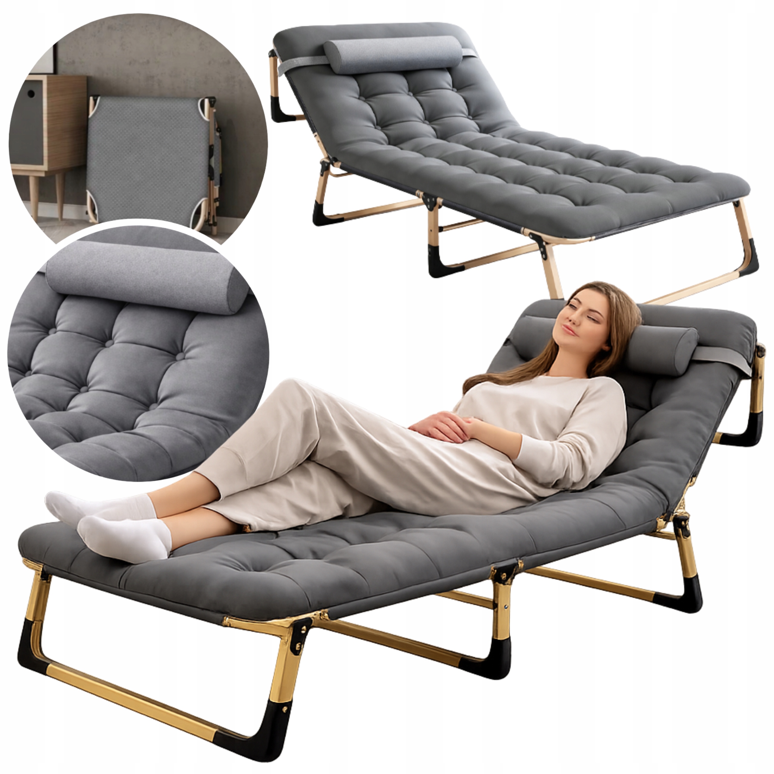 Leżak Ogrodowy Plażowy Łóżko Turystyczne Z Materacem Poduszka Szary 180CM