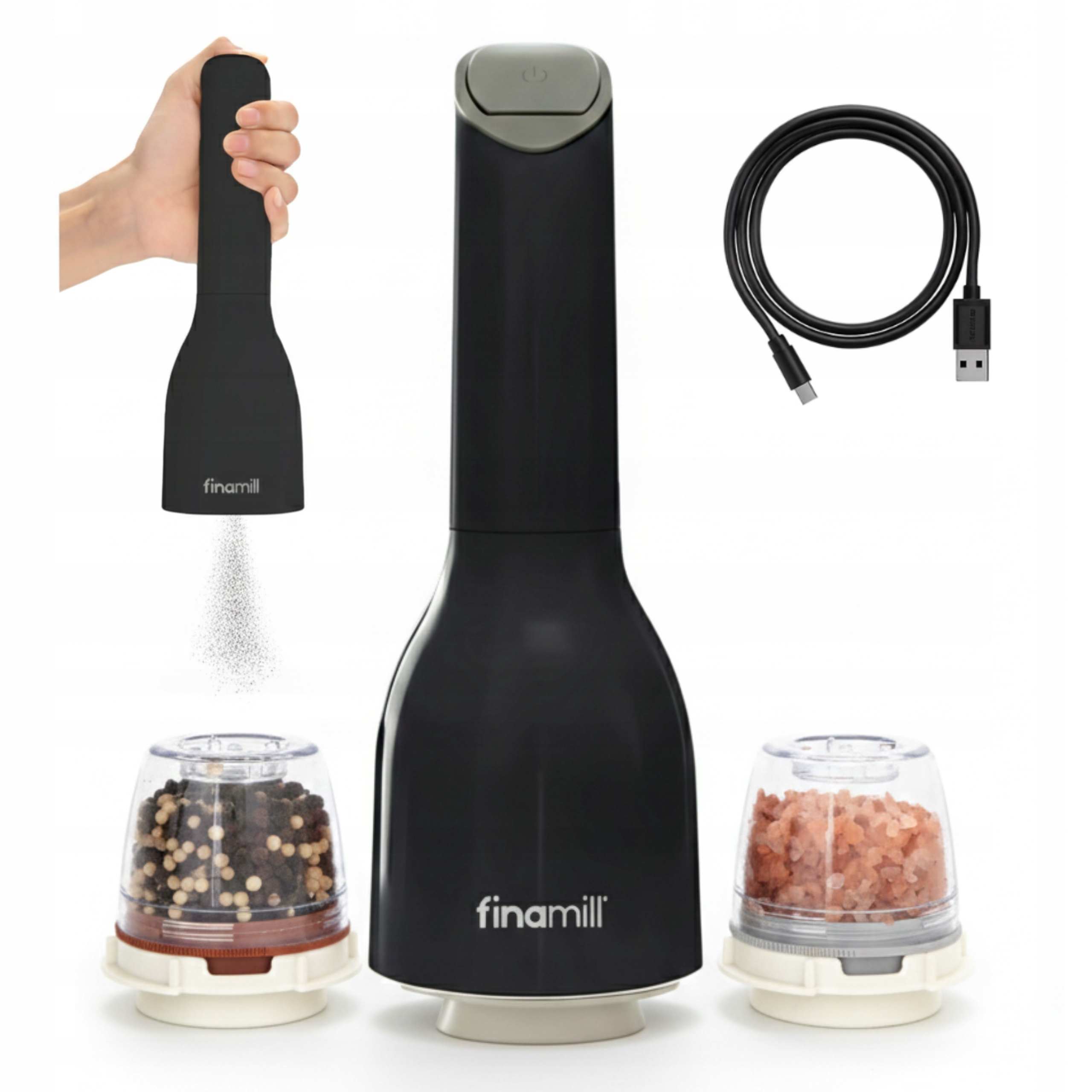 Młynek Elektryczny Do Pieprzu Soli PRZYPRAW+2 Pojemniki Finamill Czarny Usb