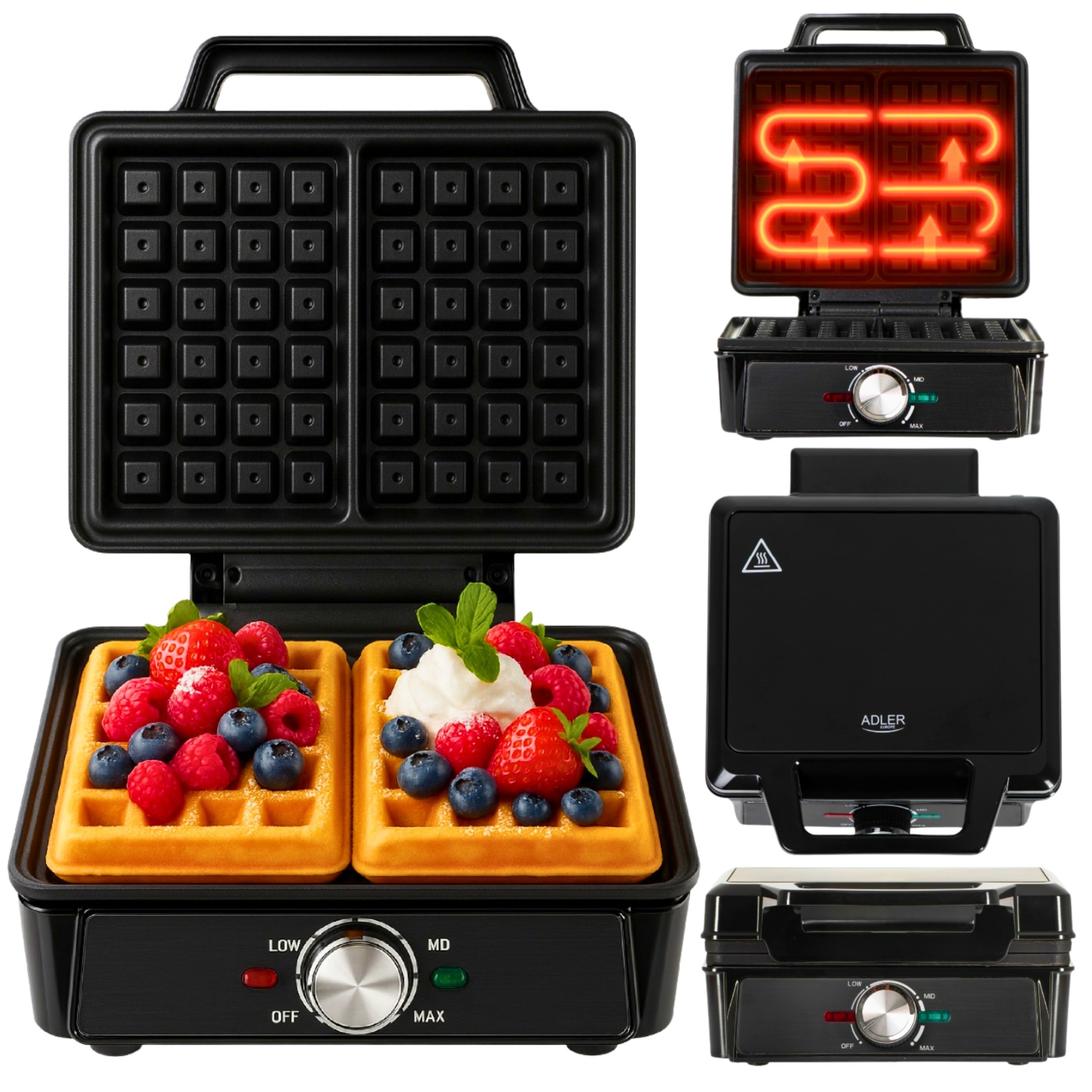 Opiekacz Gofrownica Do Gofrów Czarna Z Regulacją Temperatury 2000W Mocna