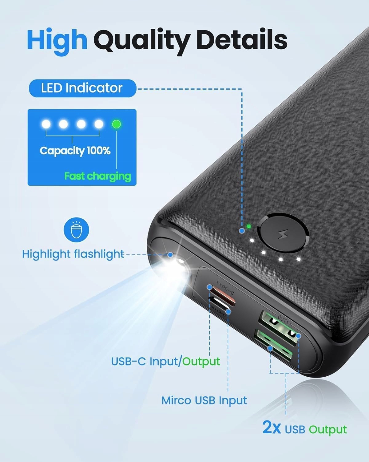 JIGA Power Bank 27000mAh 22W USB C Zewnętrzna Bateria z Latarką — miniatura 4