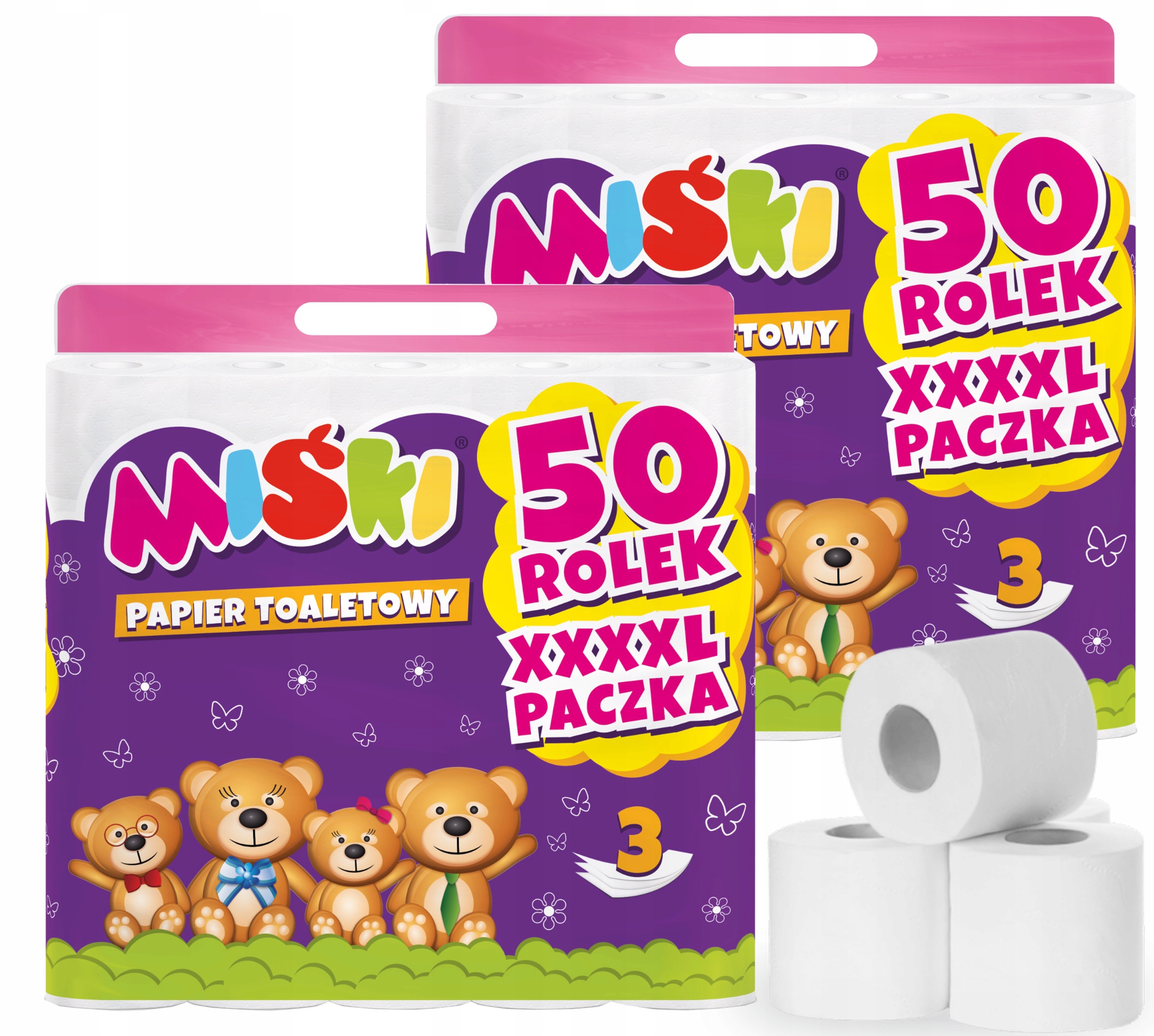 Toaletní papír Miśki Celulóza 100% 3W Silný Balíček XXXXL 100 rolí