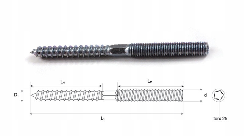 Śruba dwugwintowa wkręt 8x100mm ocynk TX25 1szt Kod produktu DW-.8*100