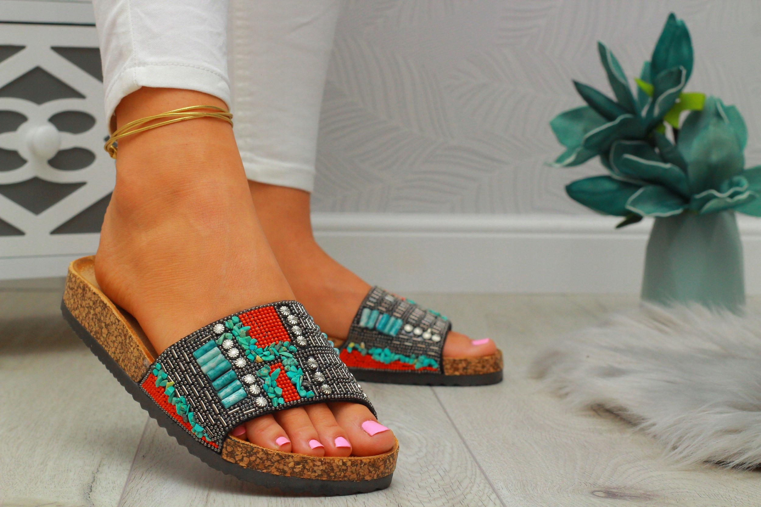 KLAPKI DAMSKIE NA KORKU STYLOWE PROFILOWANE Długość wkładki 24.5 cm