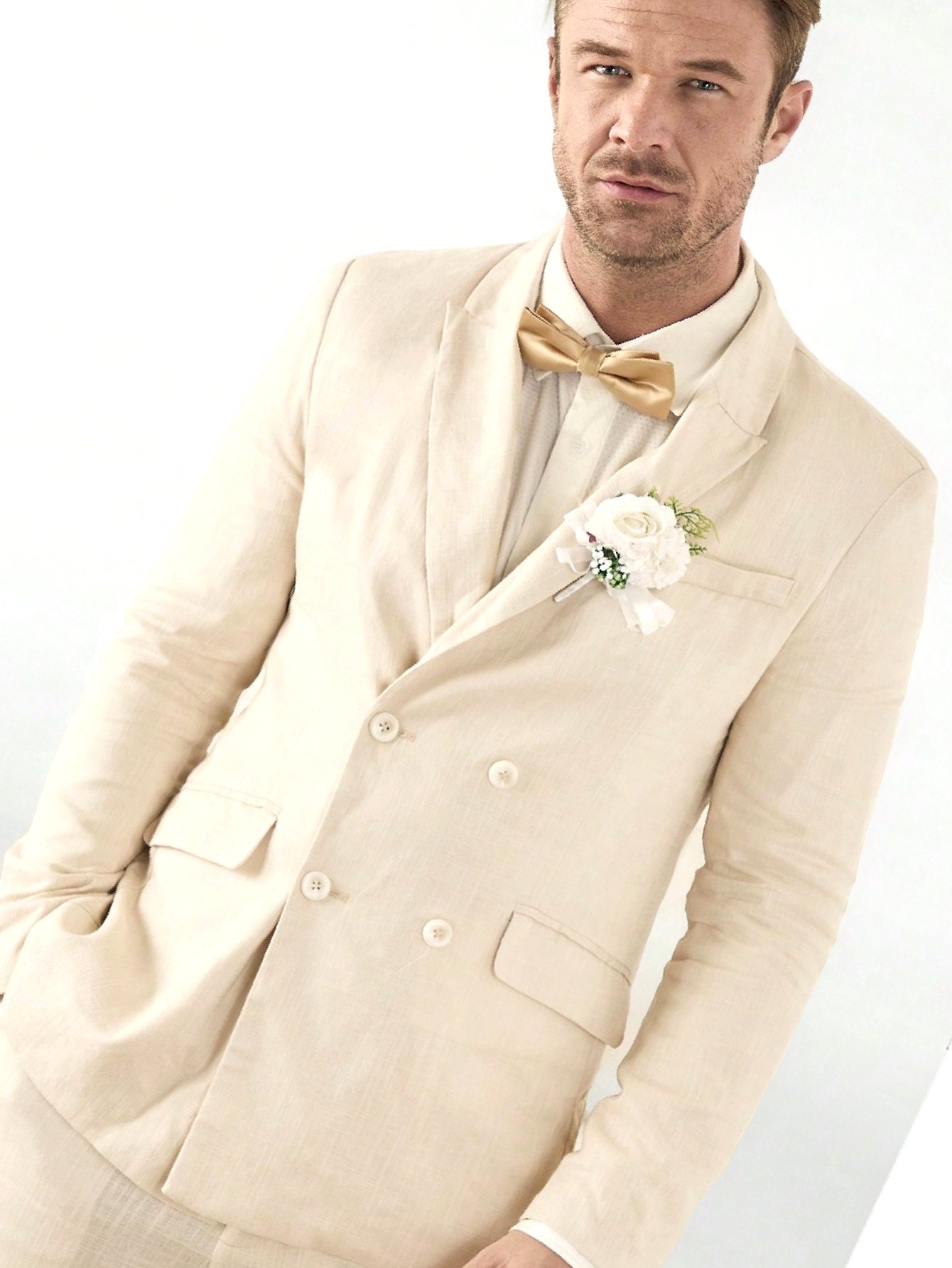 Pánský oblek Béžový Módní Lněný Výstupní Stylový M