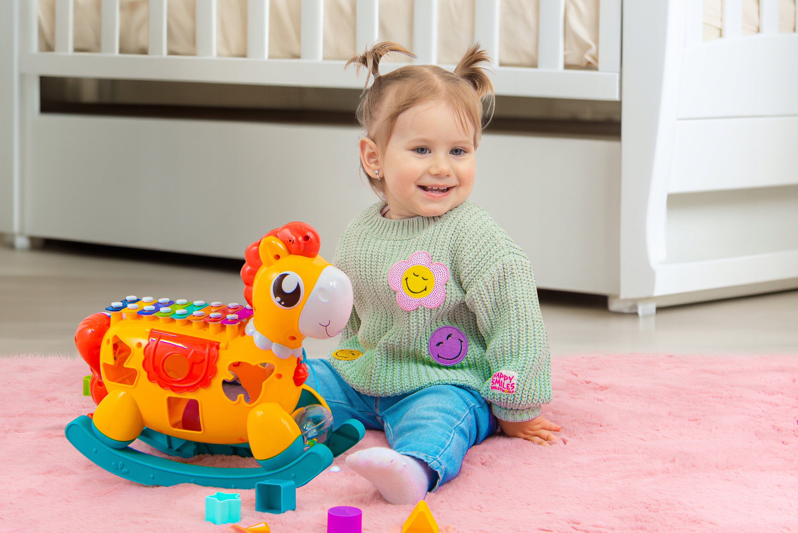 INTERAKTYWNY KONIK SORTER KLOCKI KSZTAŁTY CYMBAŁKI ŚWIATŁO + DŹWIĘK 8W1 Materiał plastik