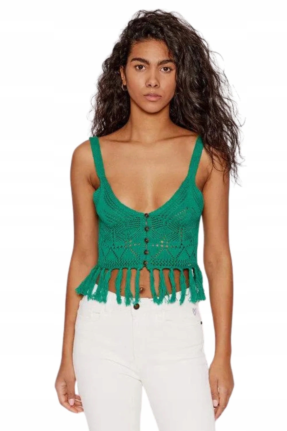 Dámská halenka Desigual Crochet háčkovaný top s boho střapci, zelená vel. L