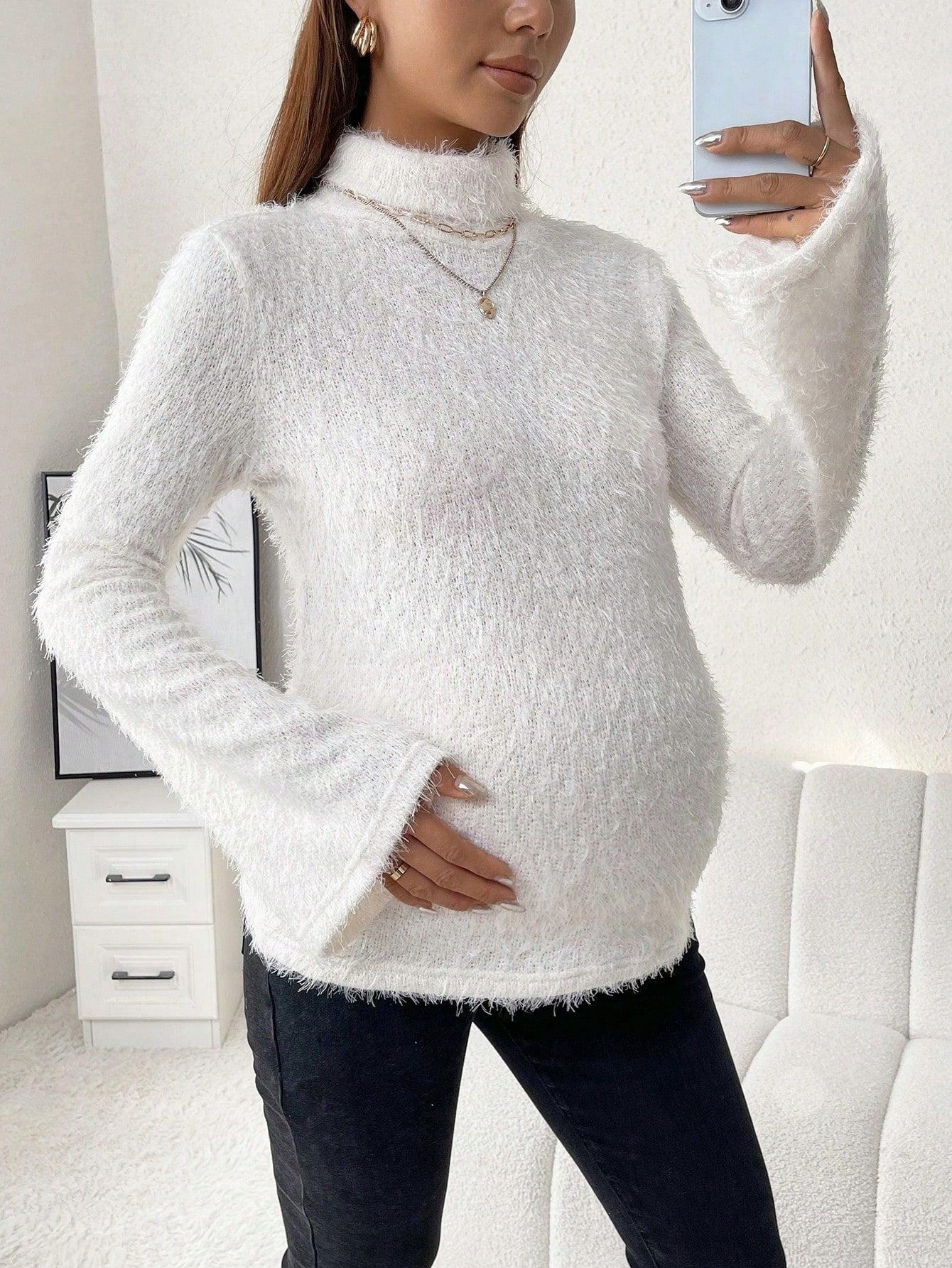ECRU SWETER CIĄŻOWY DZIANINOWY WŁOCHATY Z GOLFEM DOPASOWANY SHEIN M Kolor biały