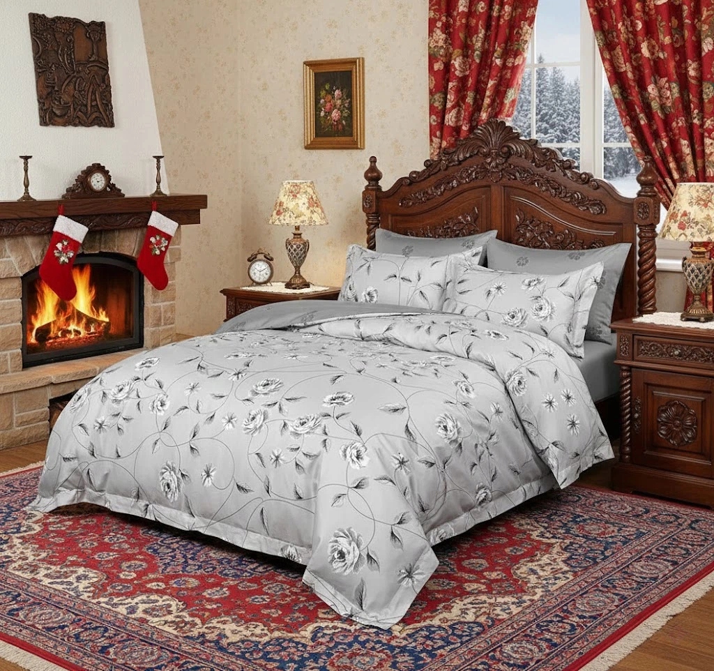 Bavlněná sada ložního prádla šedá s květinovým vzorem pro dvoulůžko 160x200 cm