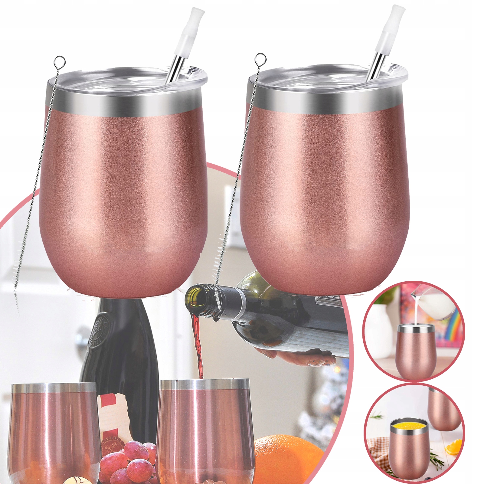 2X PODWÓJNA ŚCIANKA KUBEK 360 ML ZE STALI NIERDZEWNEJ Z POKRYWKĄ I SŁOMKĄ