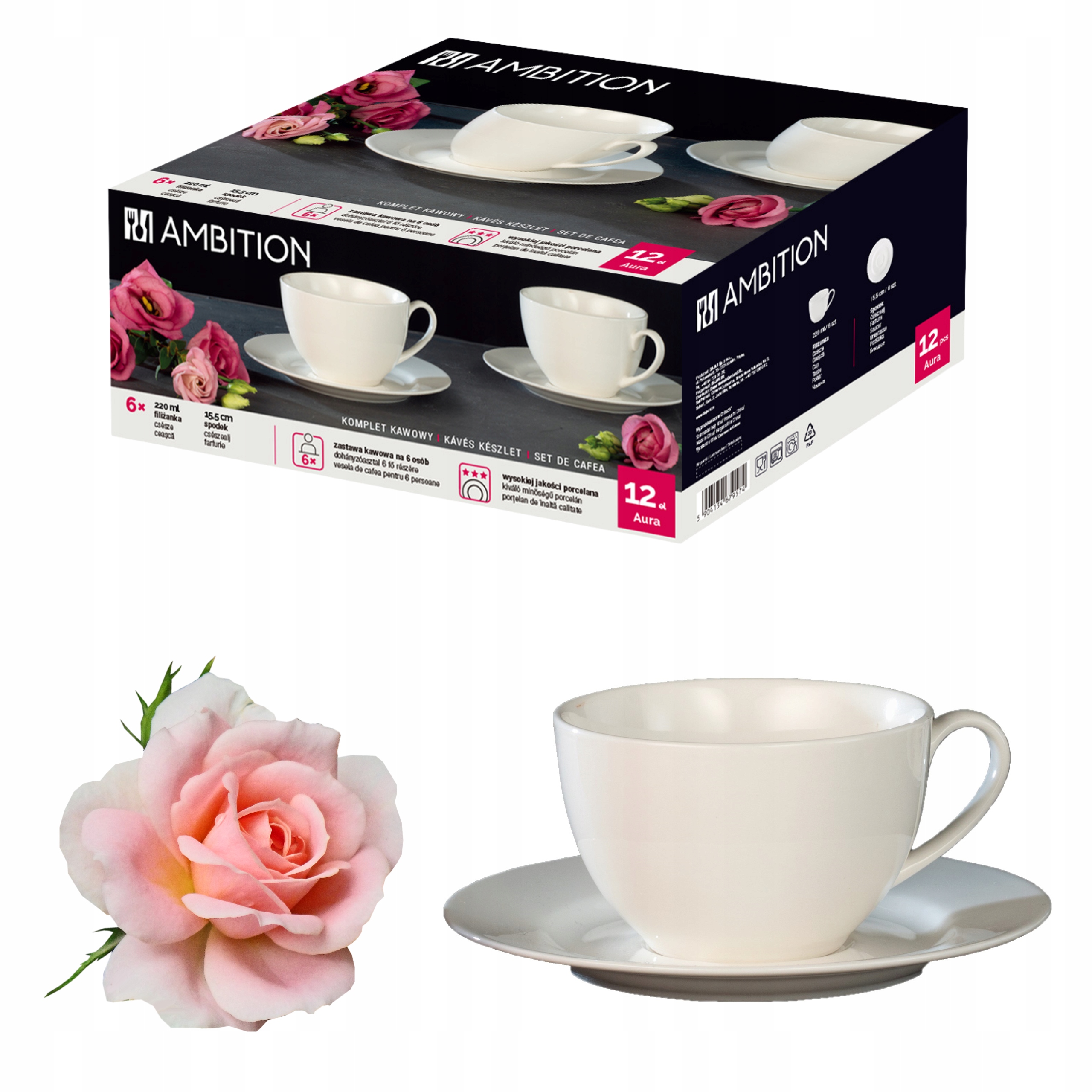 FILIŻANKI DO KAWY BIAŁE ZESTAW KOMPLET 6OSÓB PORCELANA ZE SPODKIEM AMBITION Marka Ambition