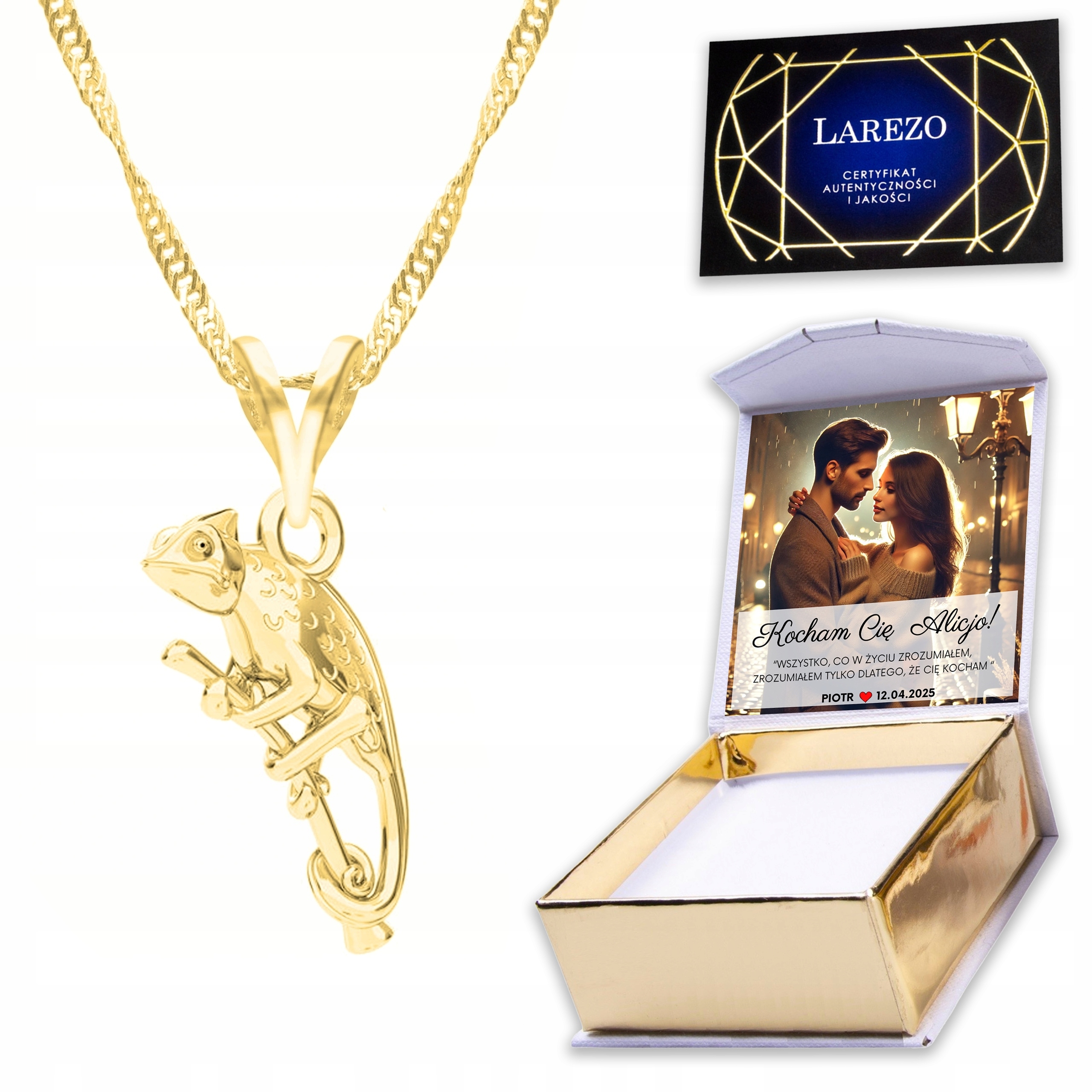 Zlatý náhrdelník 925 s chameleonem Zvíře Gad Ještěrka Kameleon Potisk