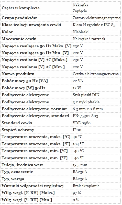 Cewka elektromagnetyczna BA230A, zawór B DANFOSS Rodzaj zawór