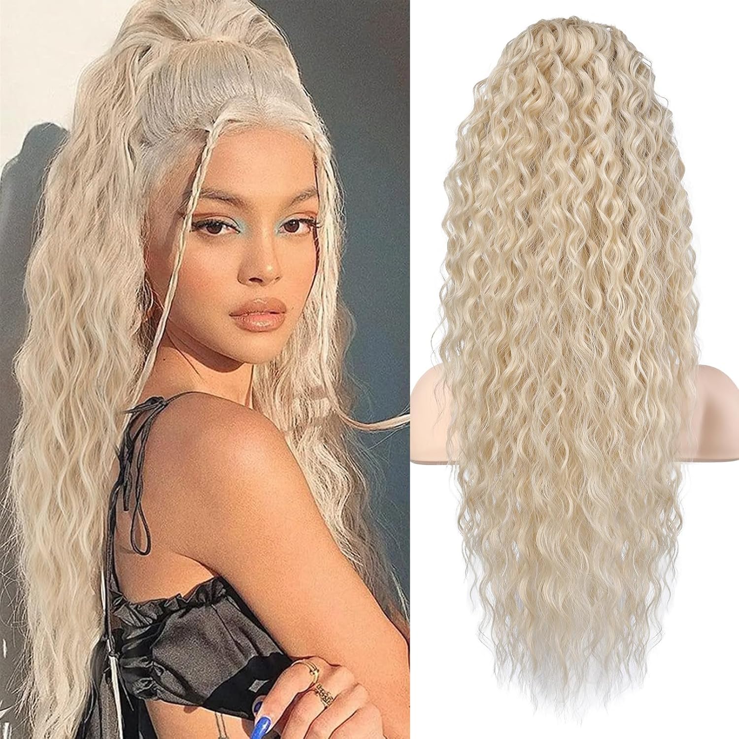 Kucyk Prodlužovač vlasů Flufymooz s kudrnatým stahovacím páskem, 60 cm, blond