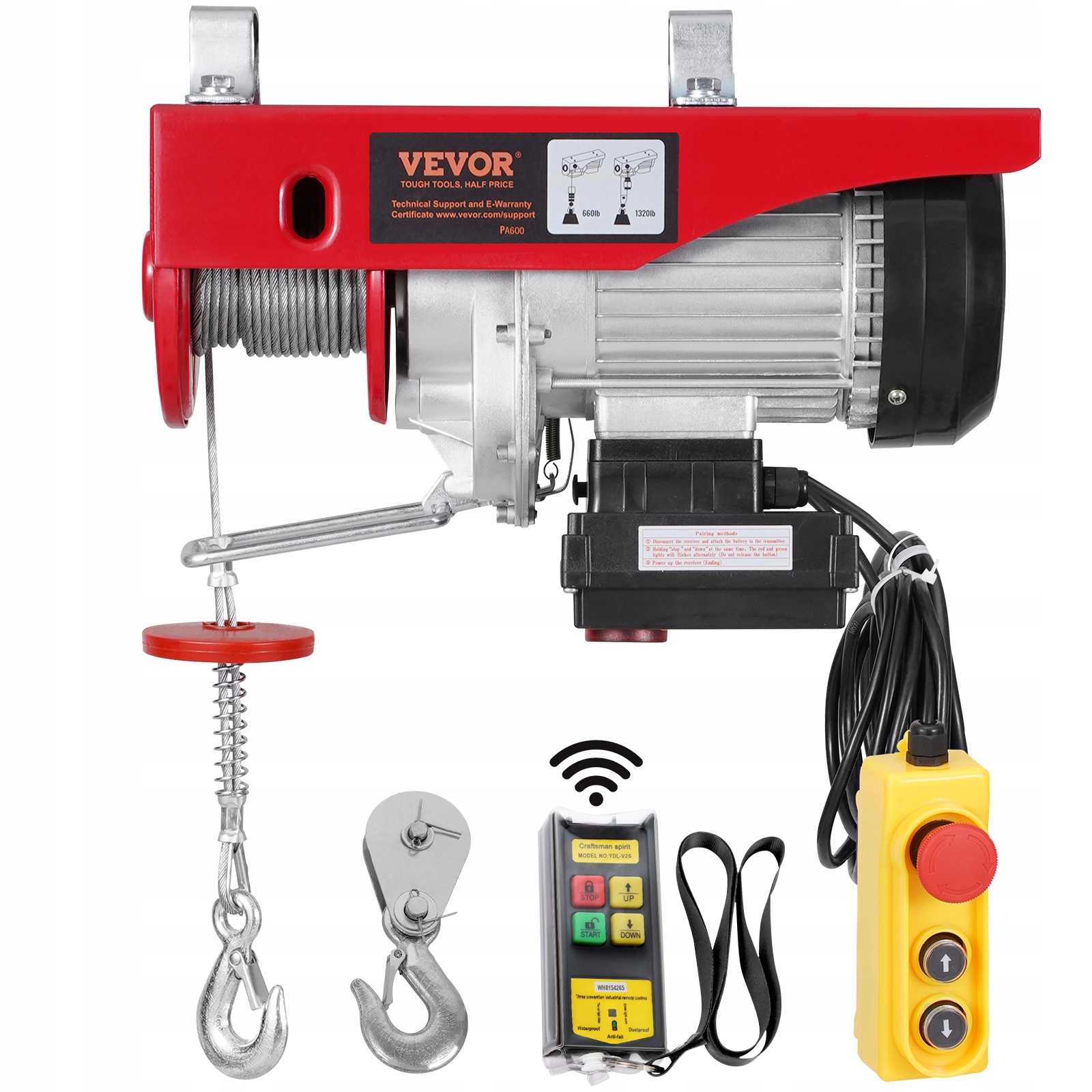 Elektrický Kladkostroj Vevor 600 Kg 230 V Bezdrátový A Kabelový Dálkový Ovladač