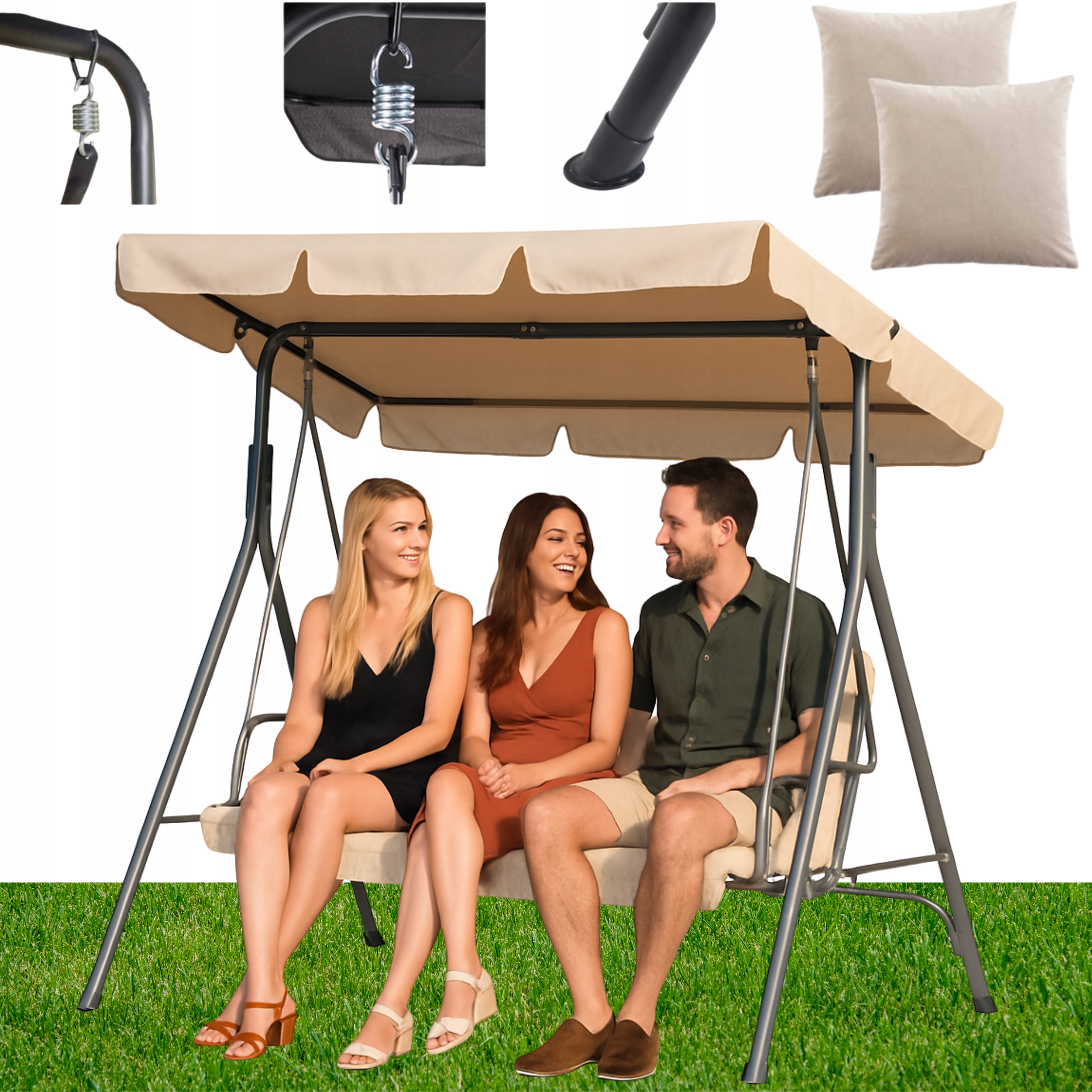 Huśtawka Ogrodowa Leżanka Bujana 3 Osobowa Beżowa Duża 2 Poduszki Baldachim