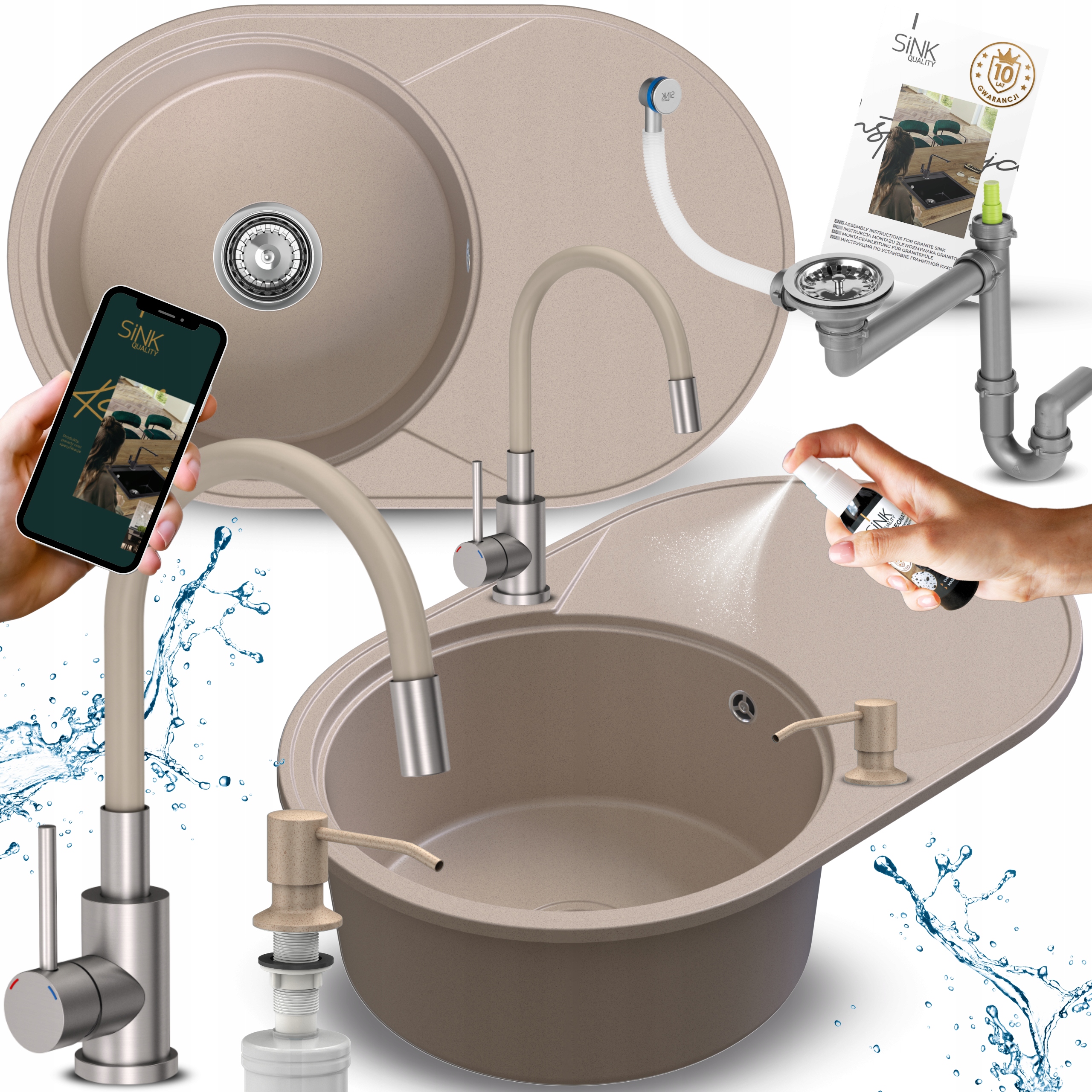 Granitový Jednokomorový Dřez s odkapávačem Béžový oválný S Baterií