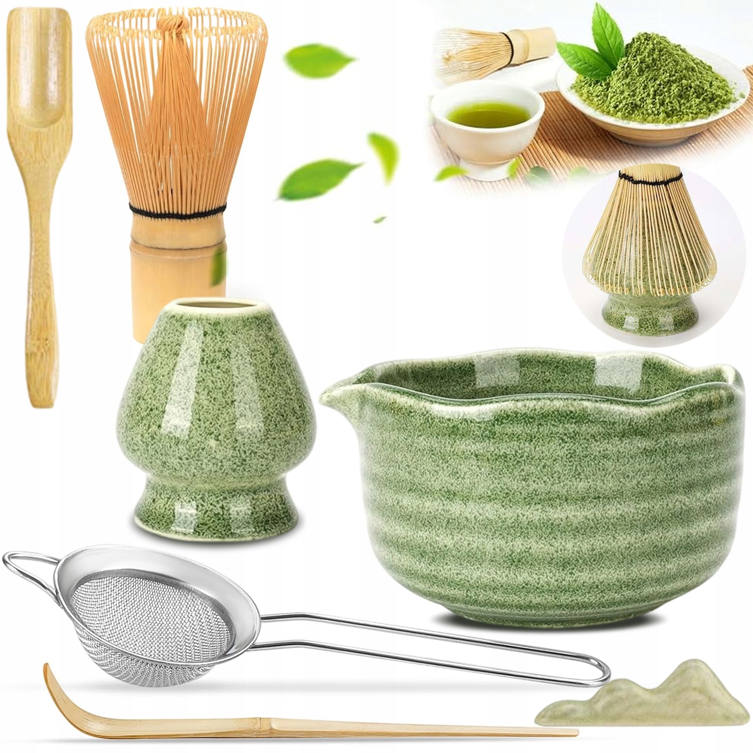 Levně Dárková Sada Pro Matcha Čaj Šálek Metlička Podstavec Lžička